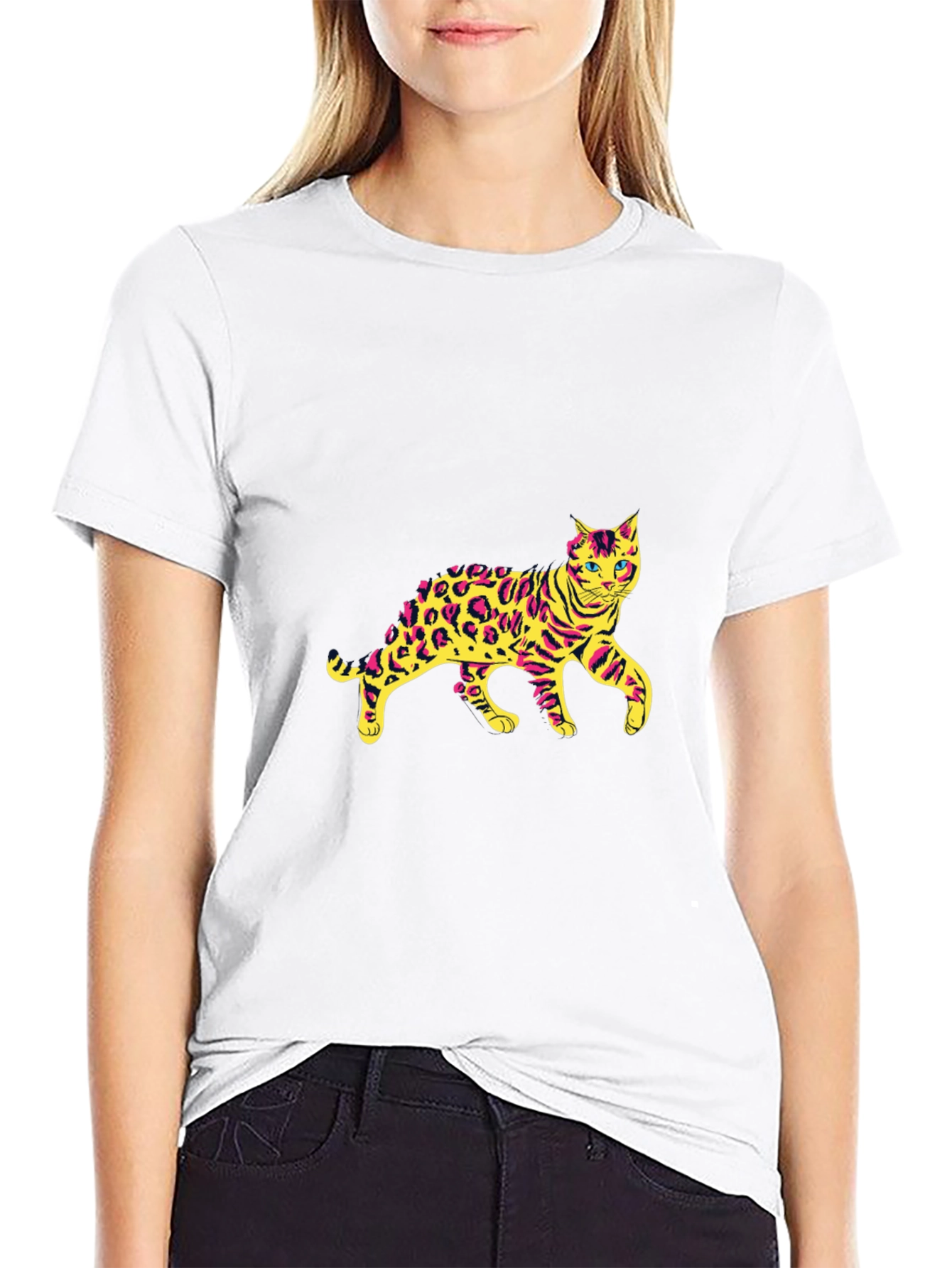 Mens Black T-Shirt with Leopard Cat Graphic