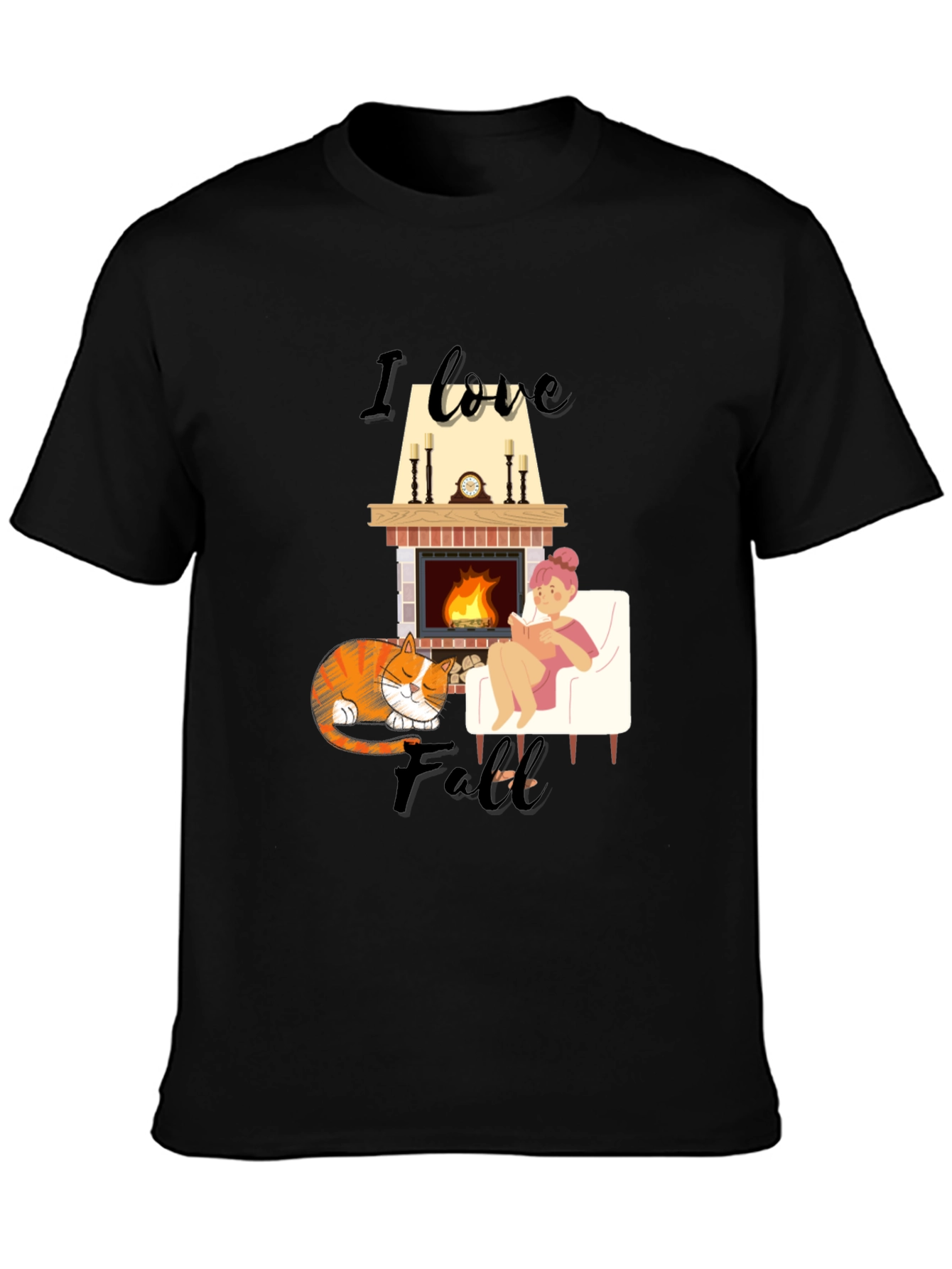 Cozy Fall T-Shirt: Cat Fireplace and Comfort