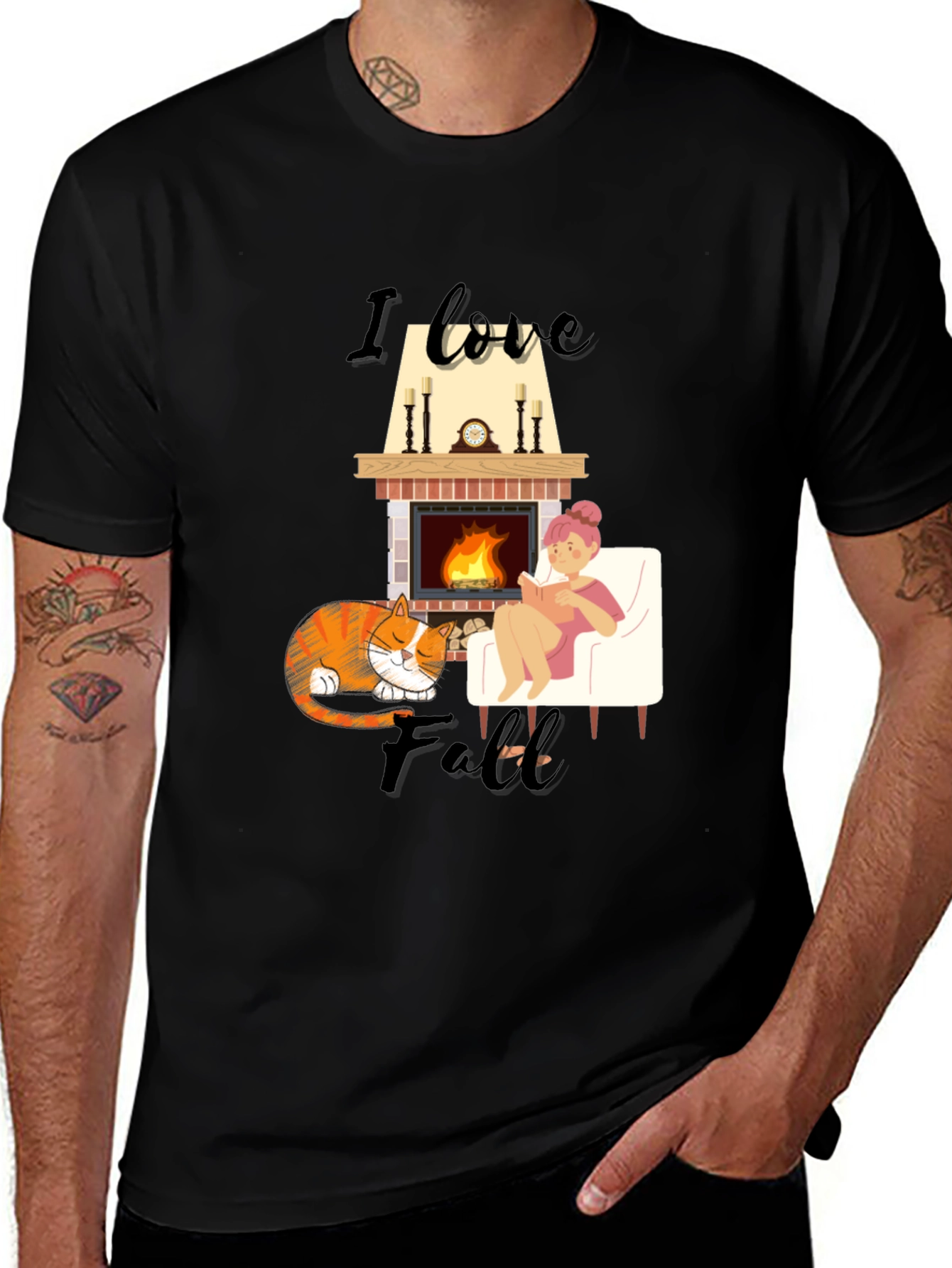 Cozy Fall T-Shirt: Cat Fireplace and Comfort