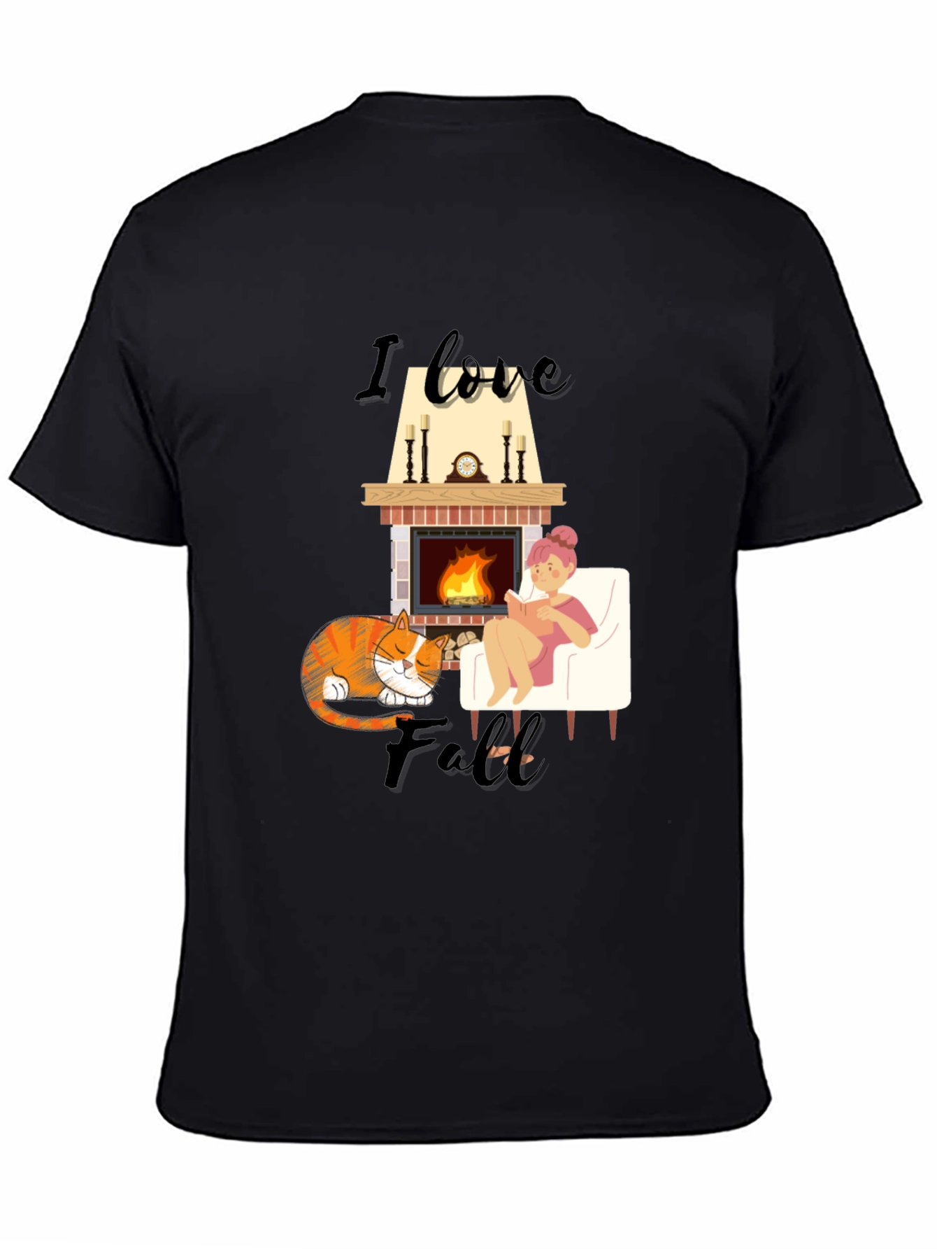 Cozy Fall T-Shirt: Cat Fireplace and Comfort