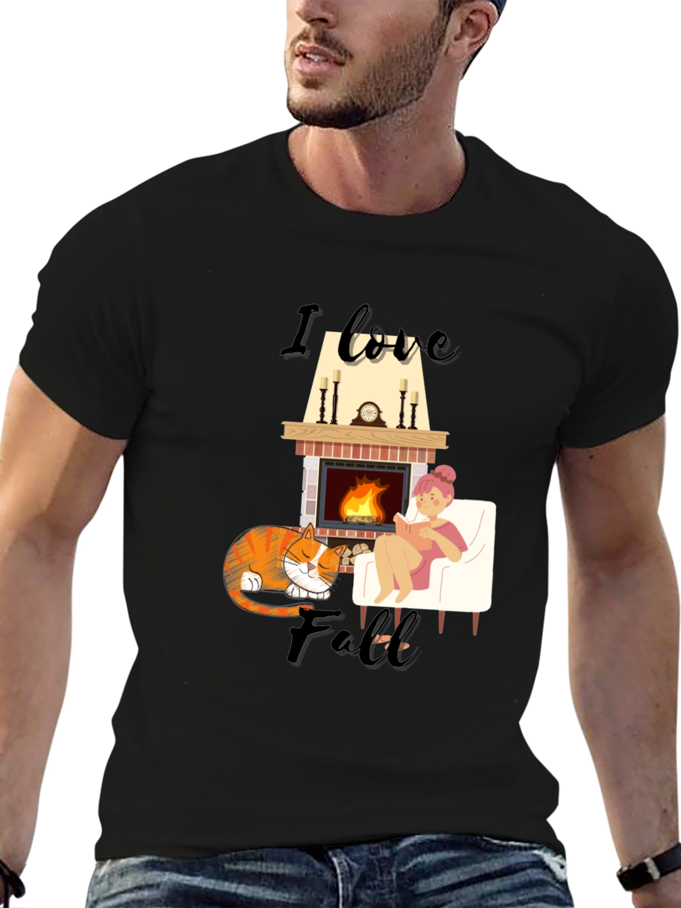 Cozy Fall T-Shirt: Cat Fireplace and Comfort
