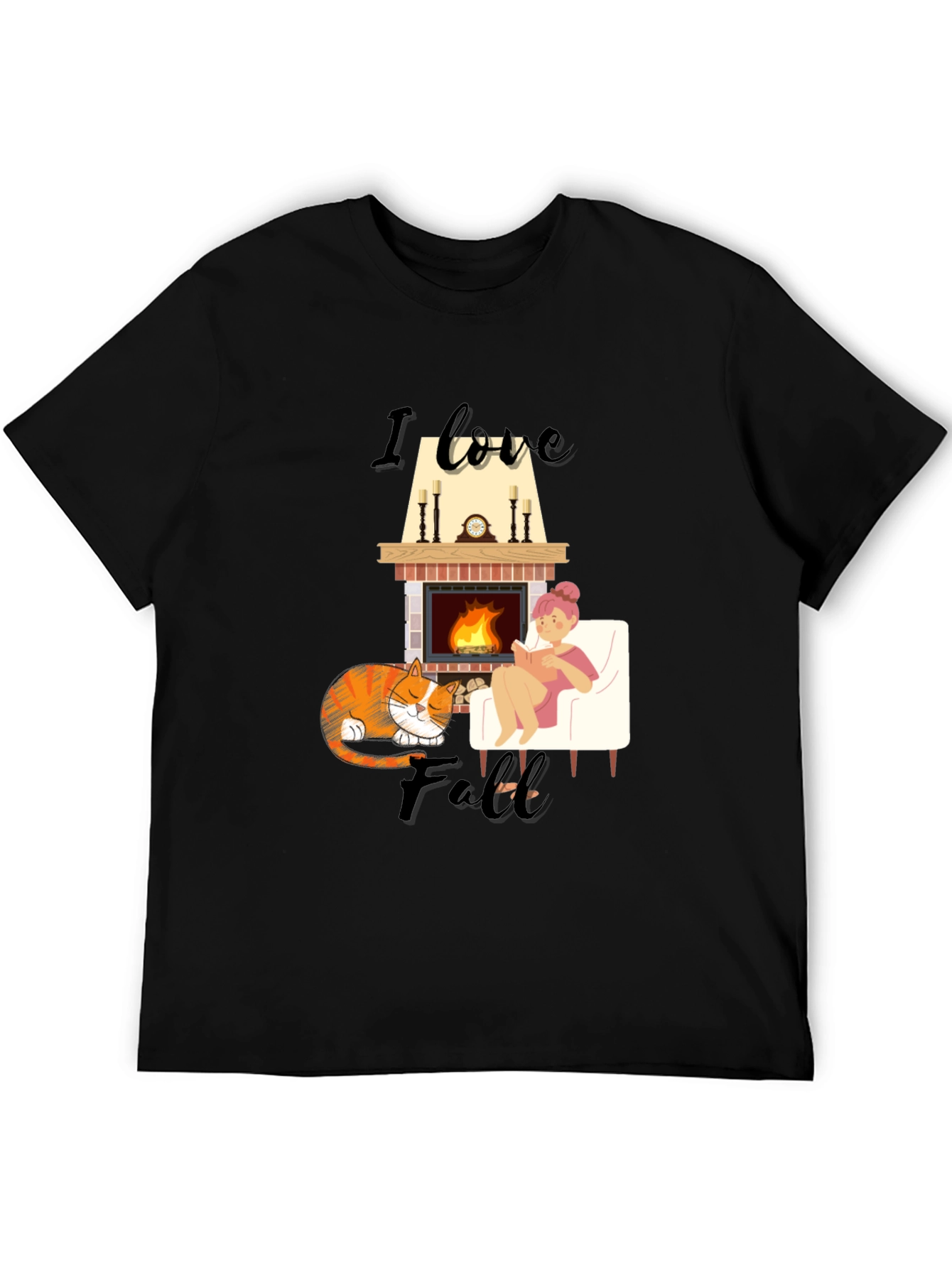 Cozy Fall T-Shirt: Cat Fireplace and Comfort