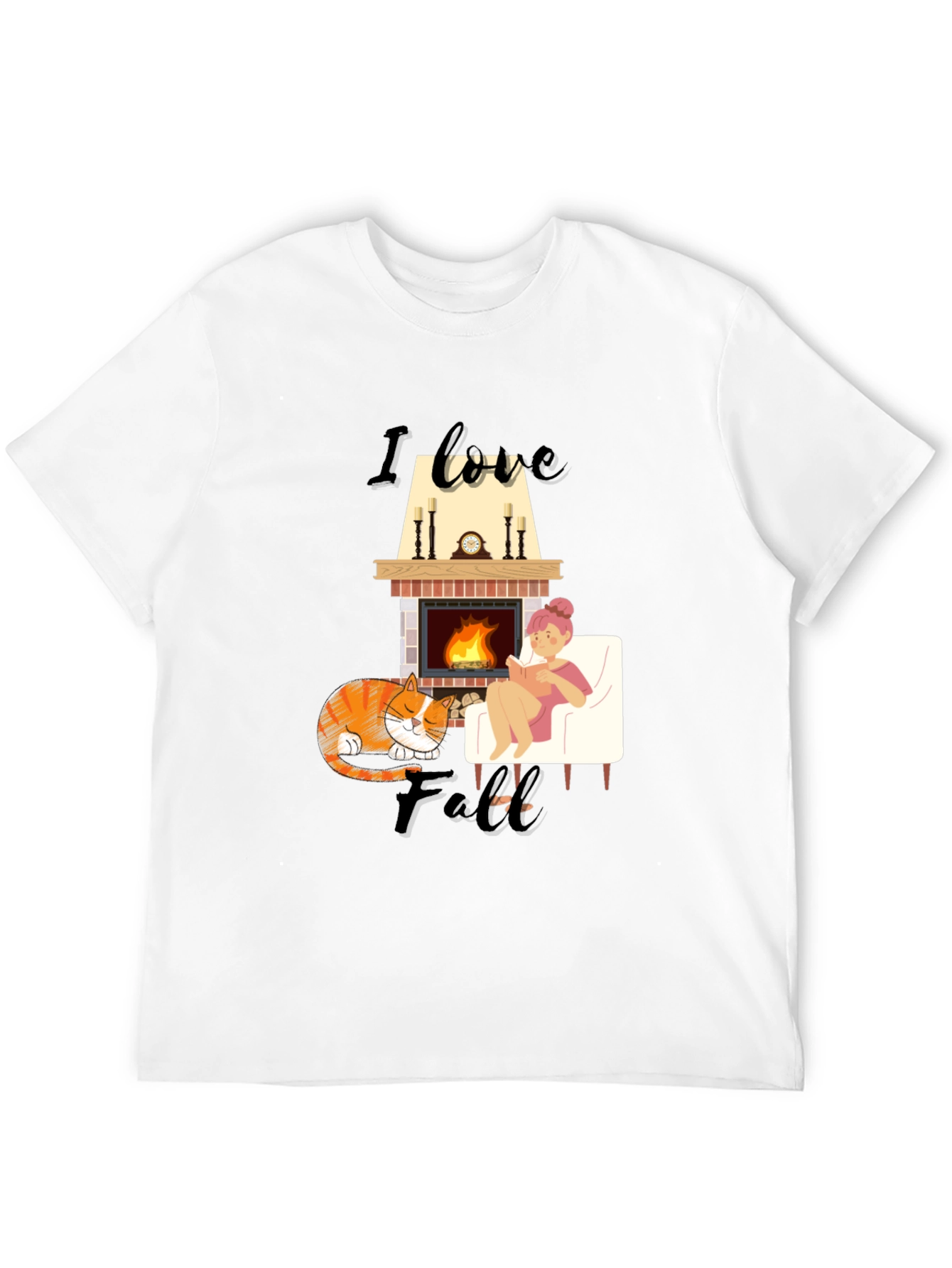 Cozy Fall T-Shirt: Cat Fireplace and Comfort