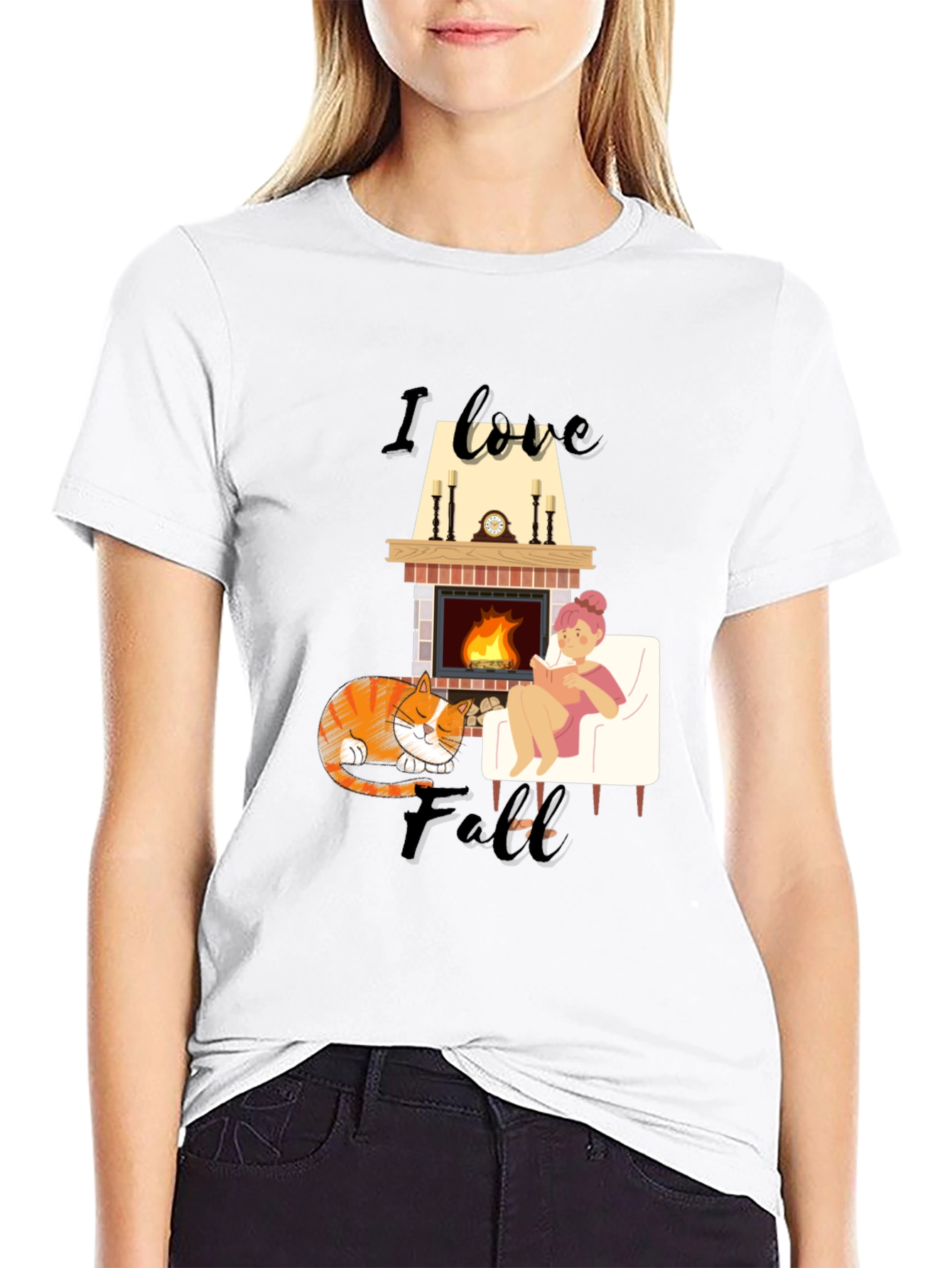 Cozy Fall T-Shirt: Cat Fireplace and Comfort
