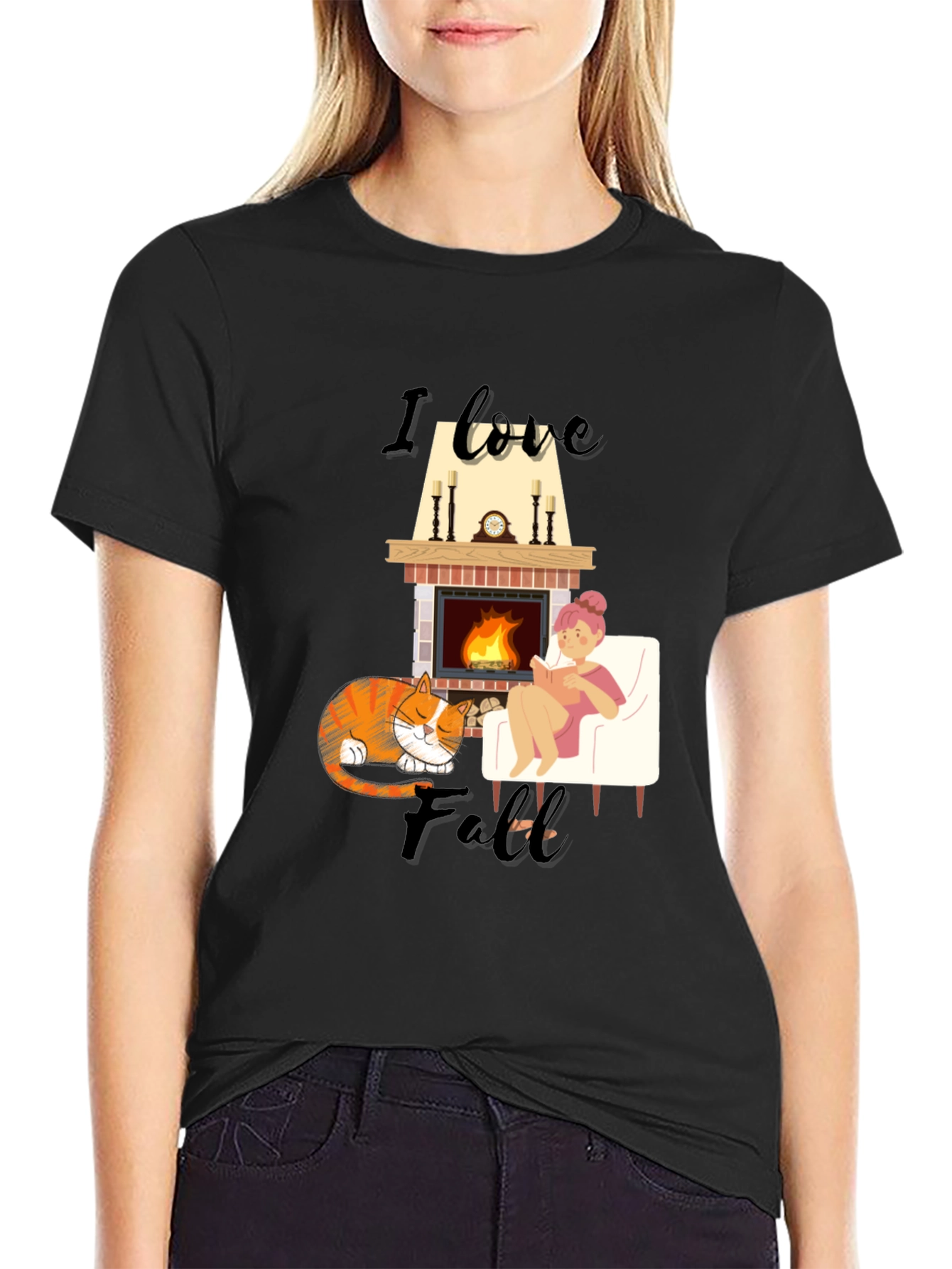 Cozy Fall T-Shirt: Cat Fireplace and Comfort