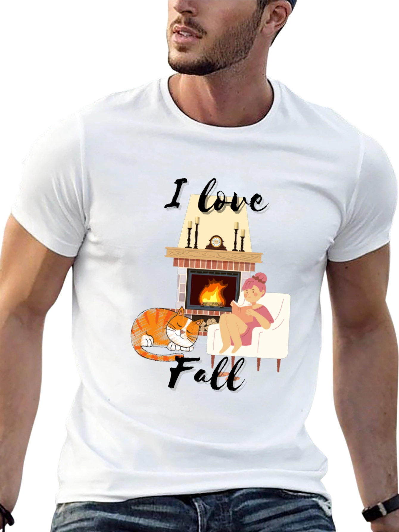 Cozy Fall T-Shirt: Cat Fireplace and Comfort