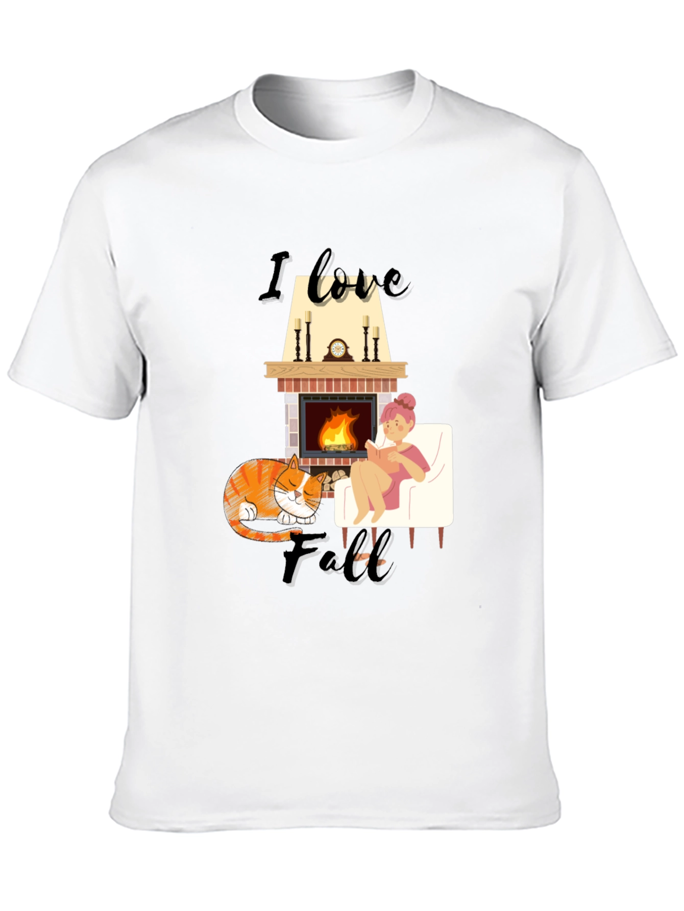 Cozy Fall T-Shirt: Cat Fireplace and Comfort