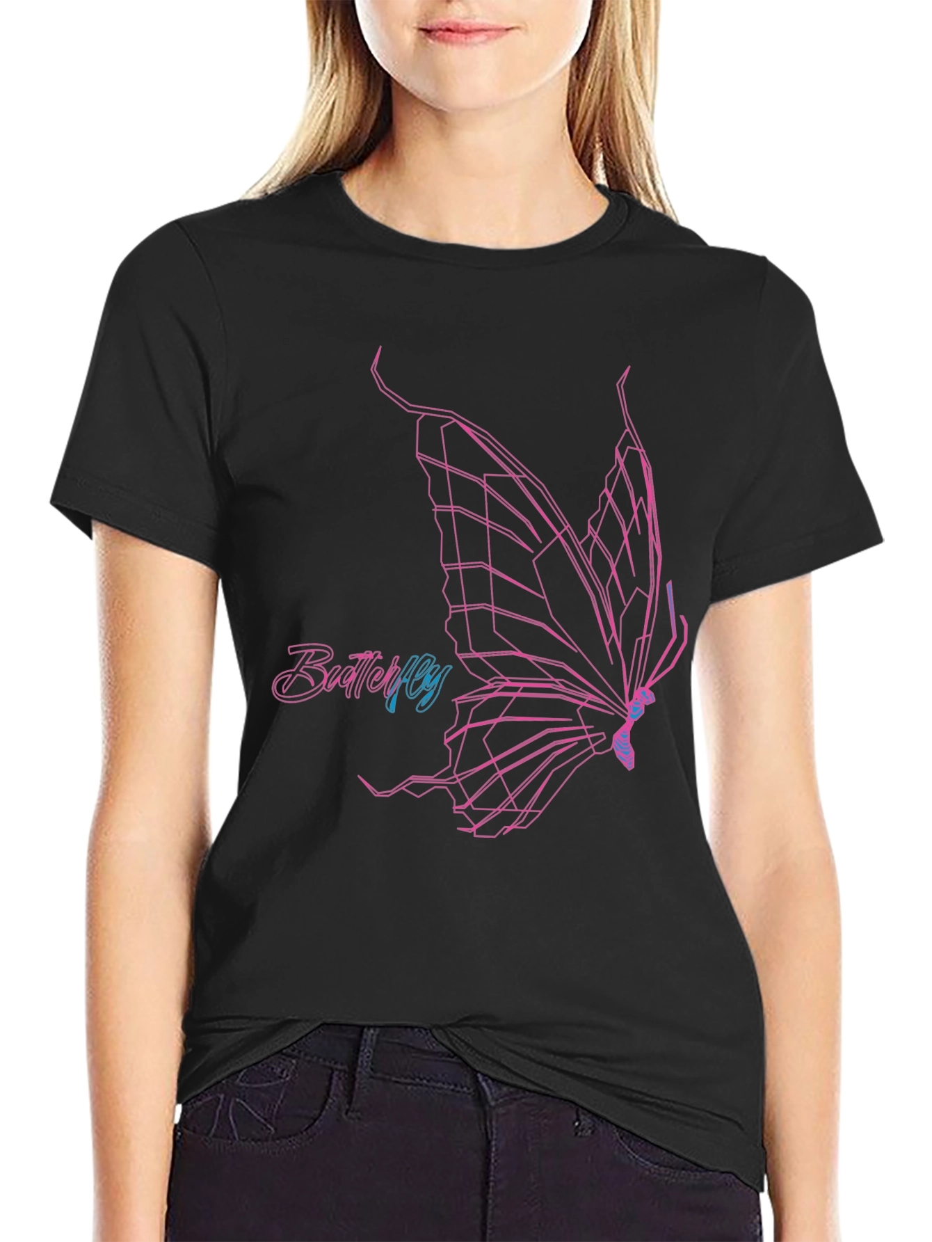 Geometric Butterfly Graphic T-Shirt - Black