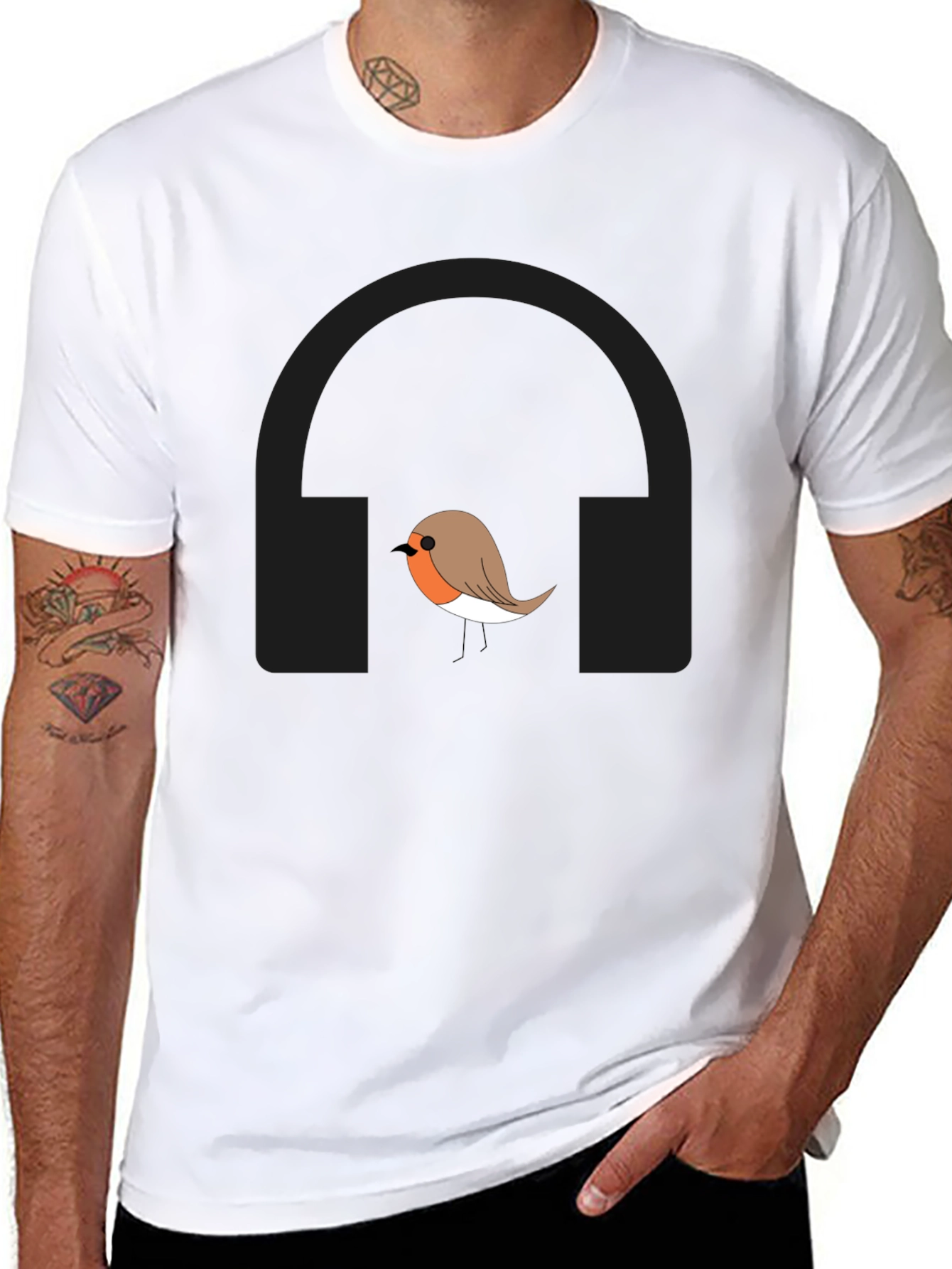 Robin Bird with Headphones Graphic T-Shirt