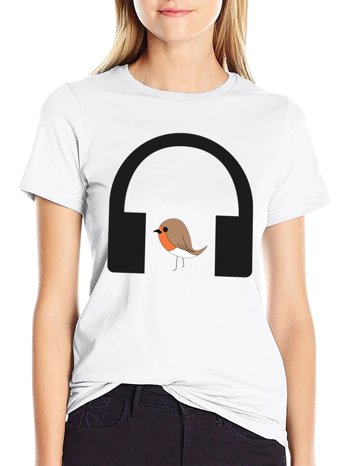 Robin Bird with Headphones Graphic T-Shirt