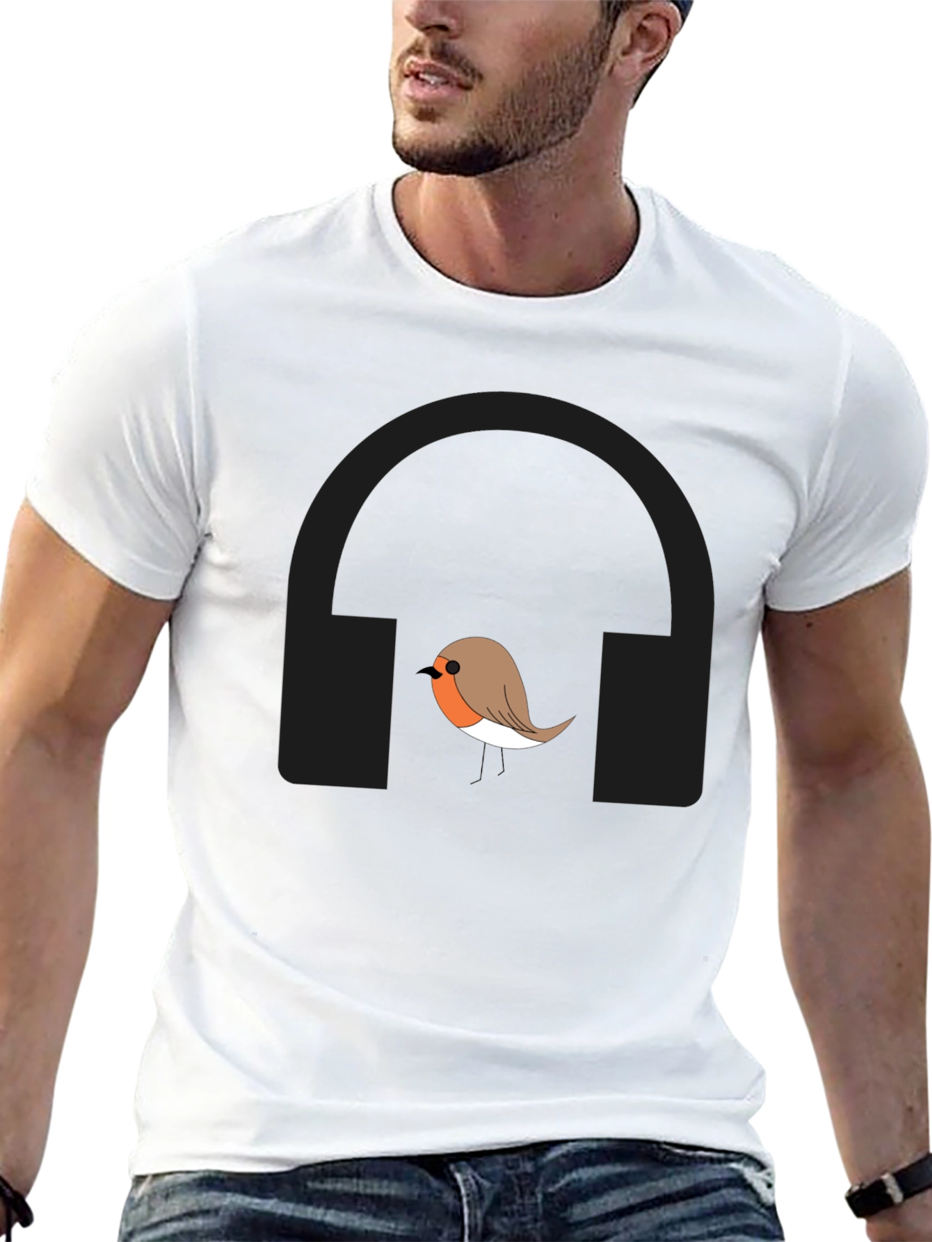 Robin Bird with Headphones Graphic T-Shirt