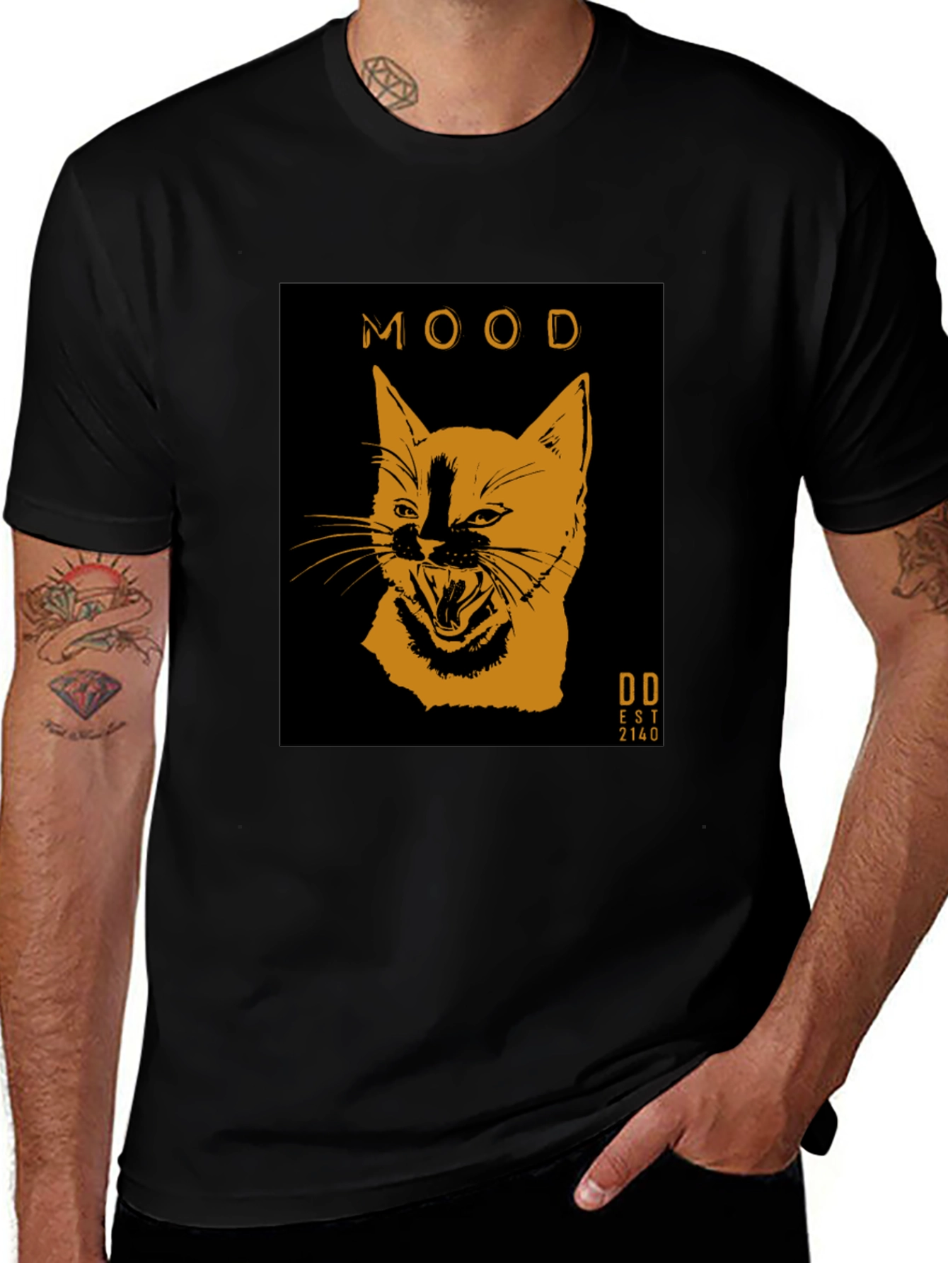 Mood Cat Graphic Tee - Trendy Black Cotton T-Shirt
