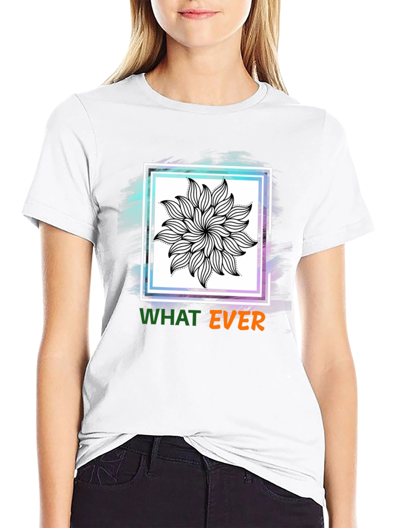 Black Tee with Floral Mandala & Whatever Graphic