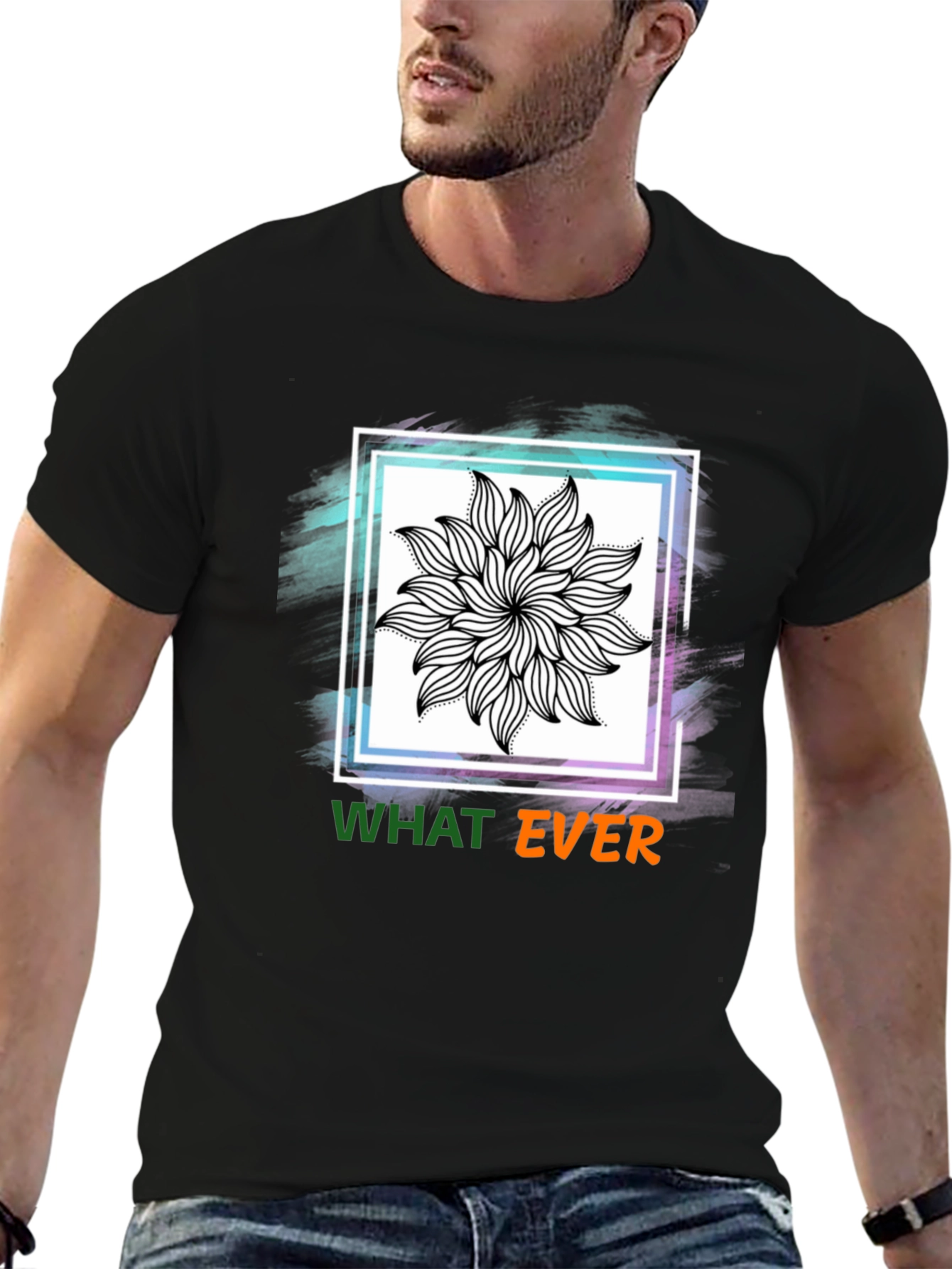 Black Tee with Floral Mandala & Whatever Graphic