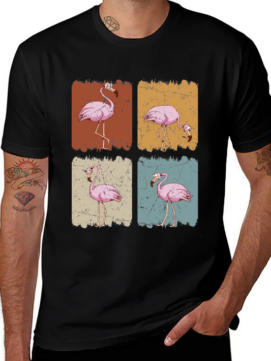 Retro Flamingo Graphic Print Black T-Shirt
