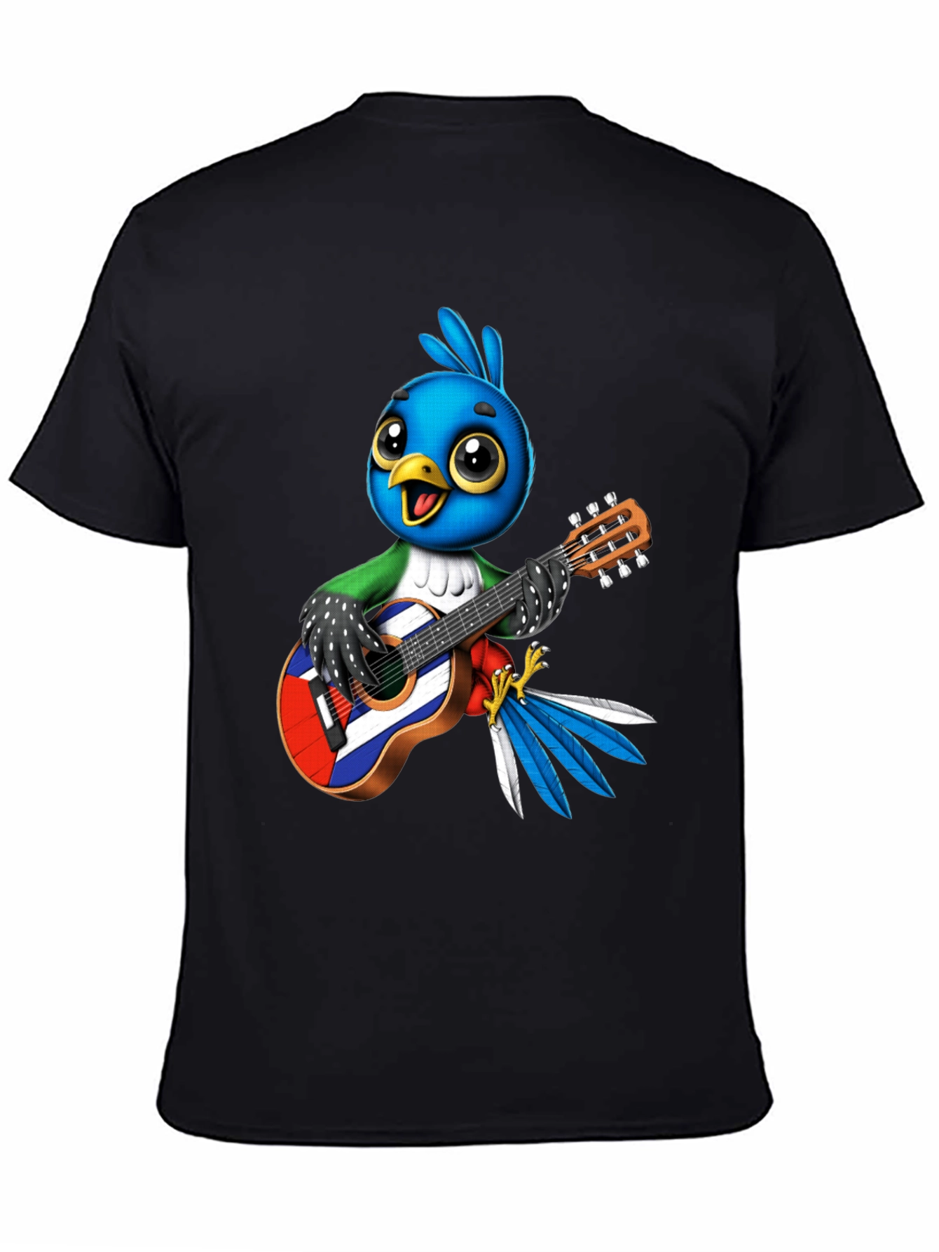 Bird Playing Guitar Graphic Tee - Black Cotton T-Shirt