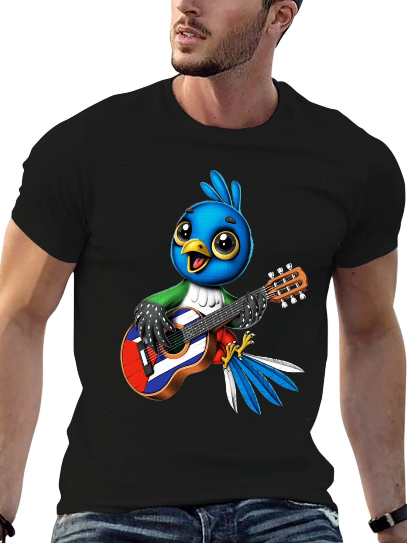 Bird Playing Guitar Graphic Tee - Black Cotton T-Shirt