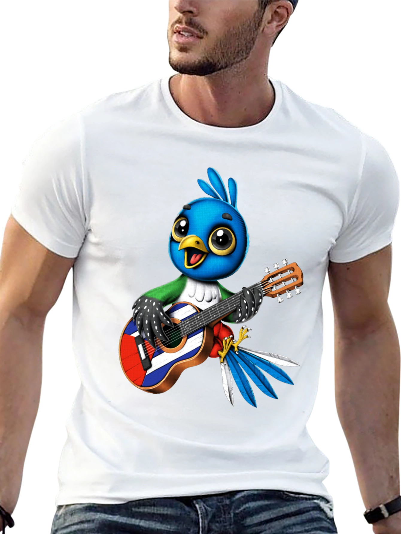Bird Playing Guitar Graphic Tee - Black Cotton T-Shirt