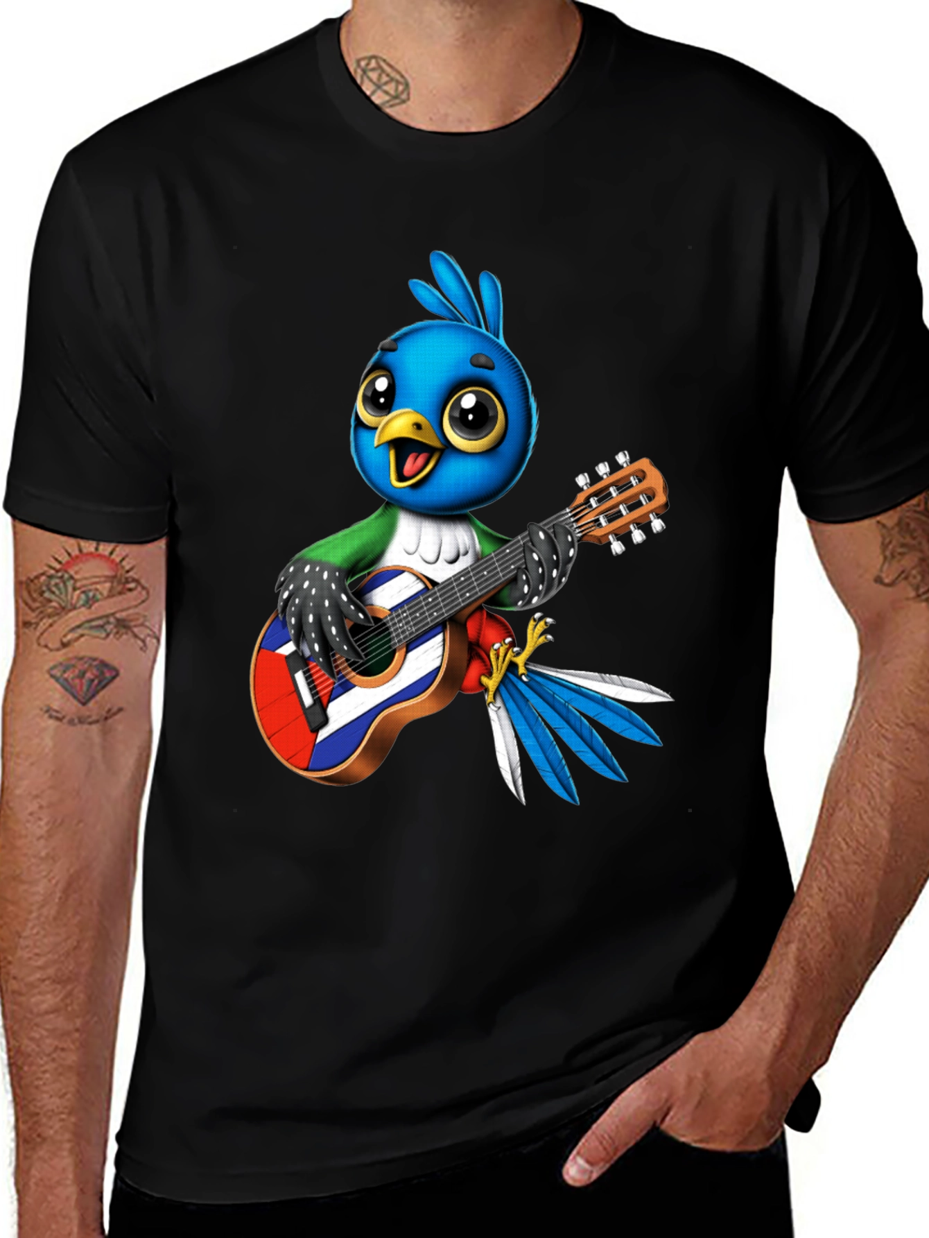 Bird Playing Guitar Graphic Tee - Black Cotton T-Shirt