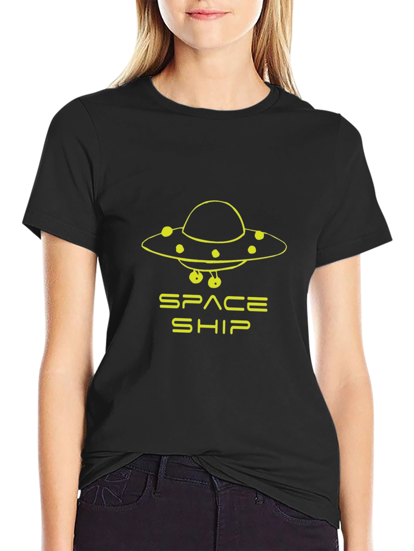 Space Ship UFO Graphic T-Shirt - Black