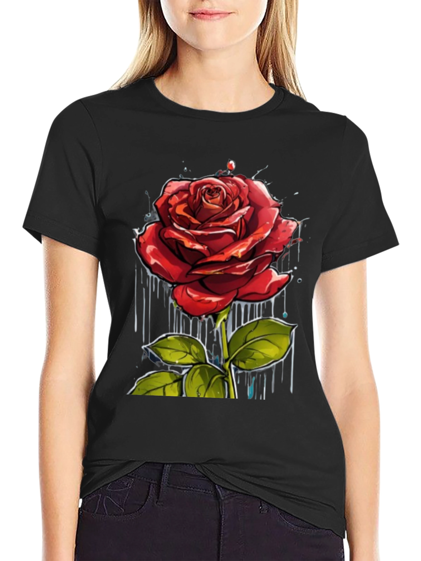 Rose Graphic Print Crew Neck T-Shirt
