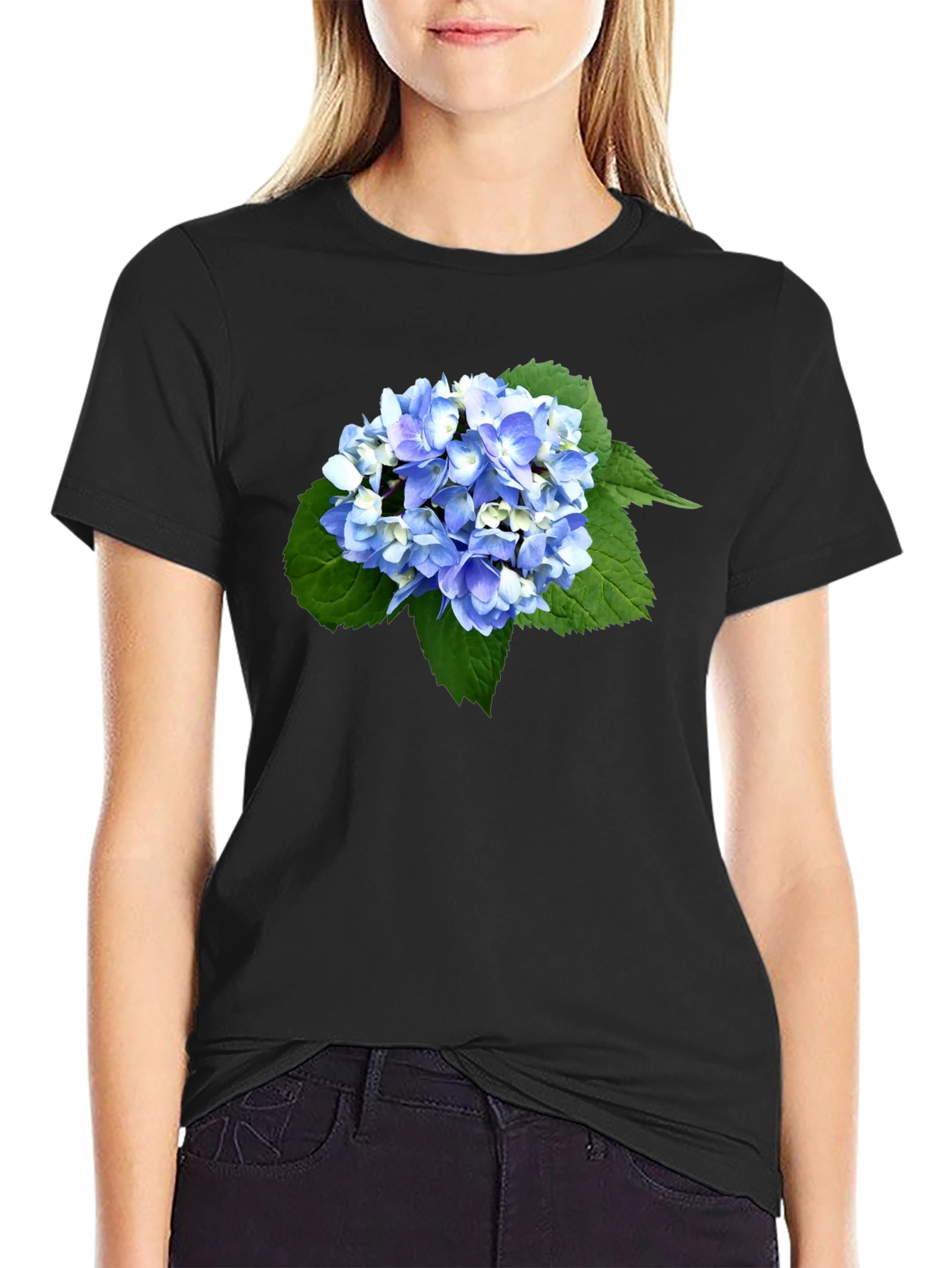 Hydrangea Print Black T-Shirt