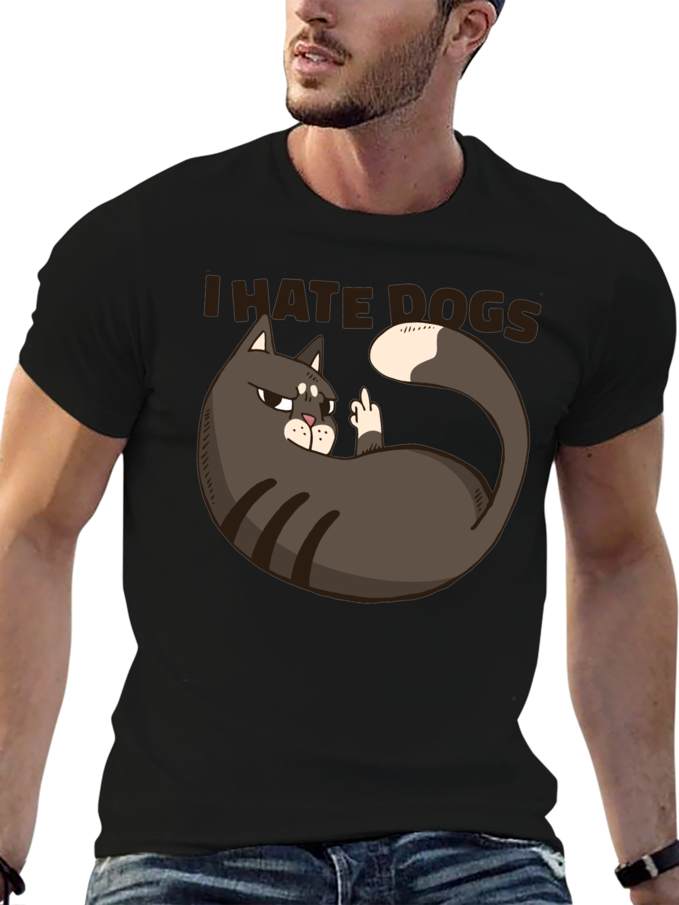 I Hate Dogs Cat Middle Finger Graphic T-Shirt
