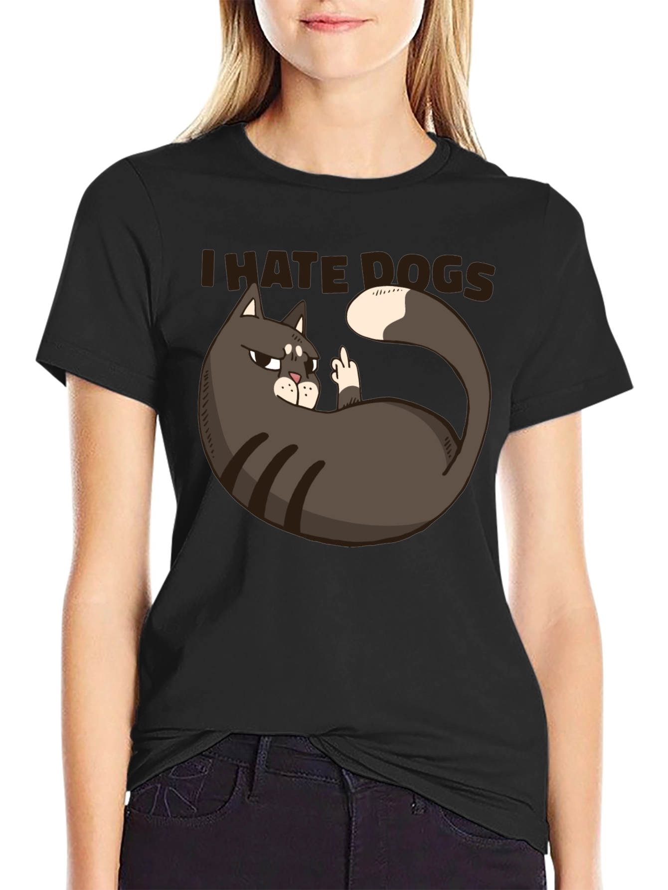 I Hate Dogs Cat Middle Finger Graphic T-Shirt