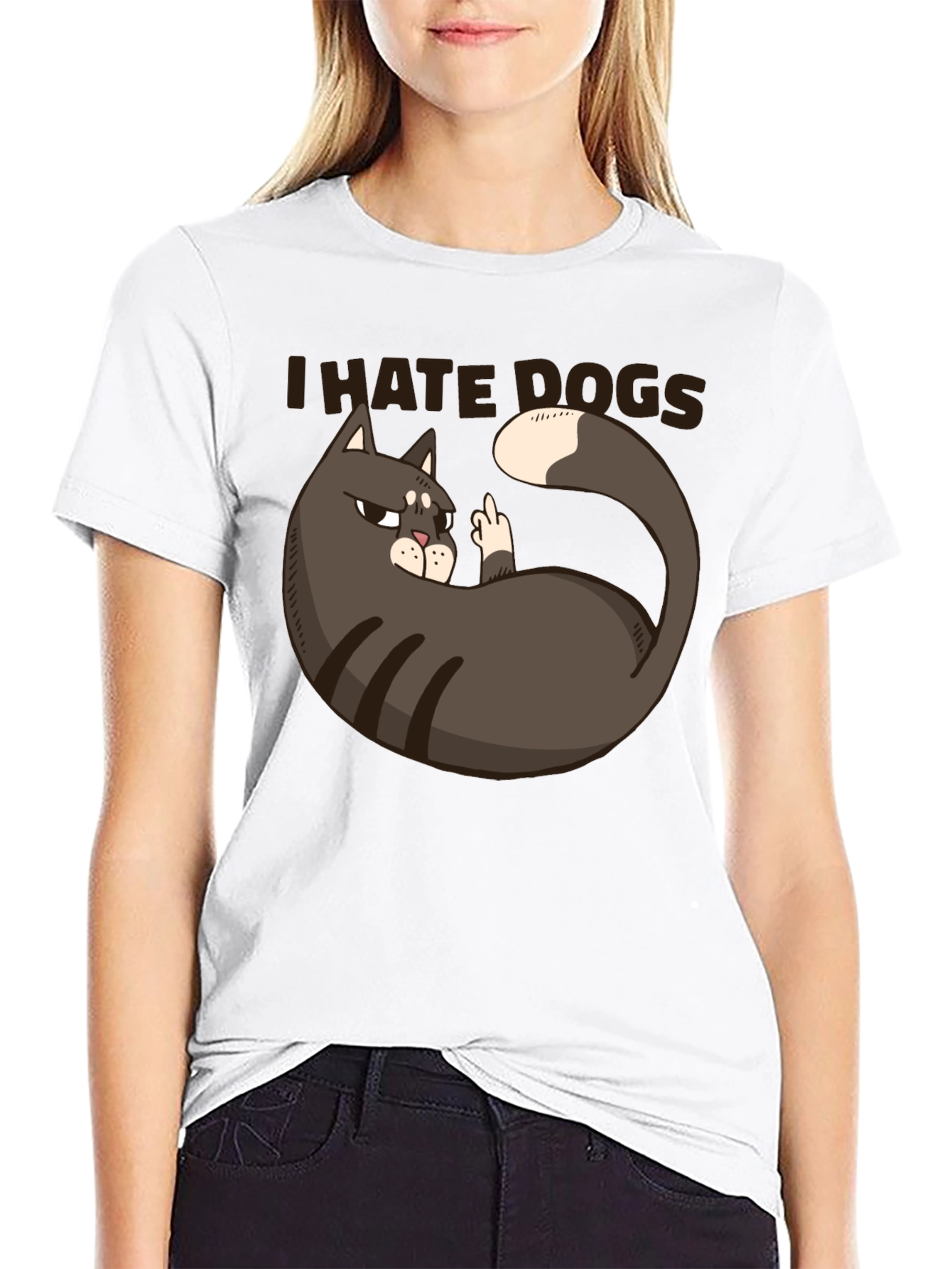 I Hate Dogs Cat Middle Finger Graphic T-Shirt