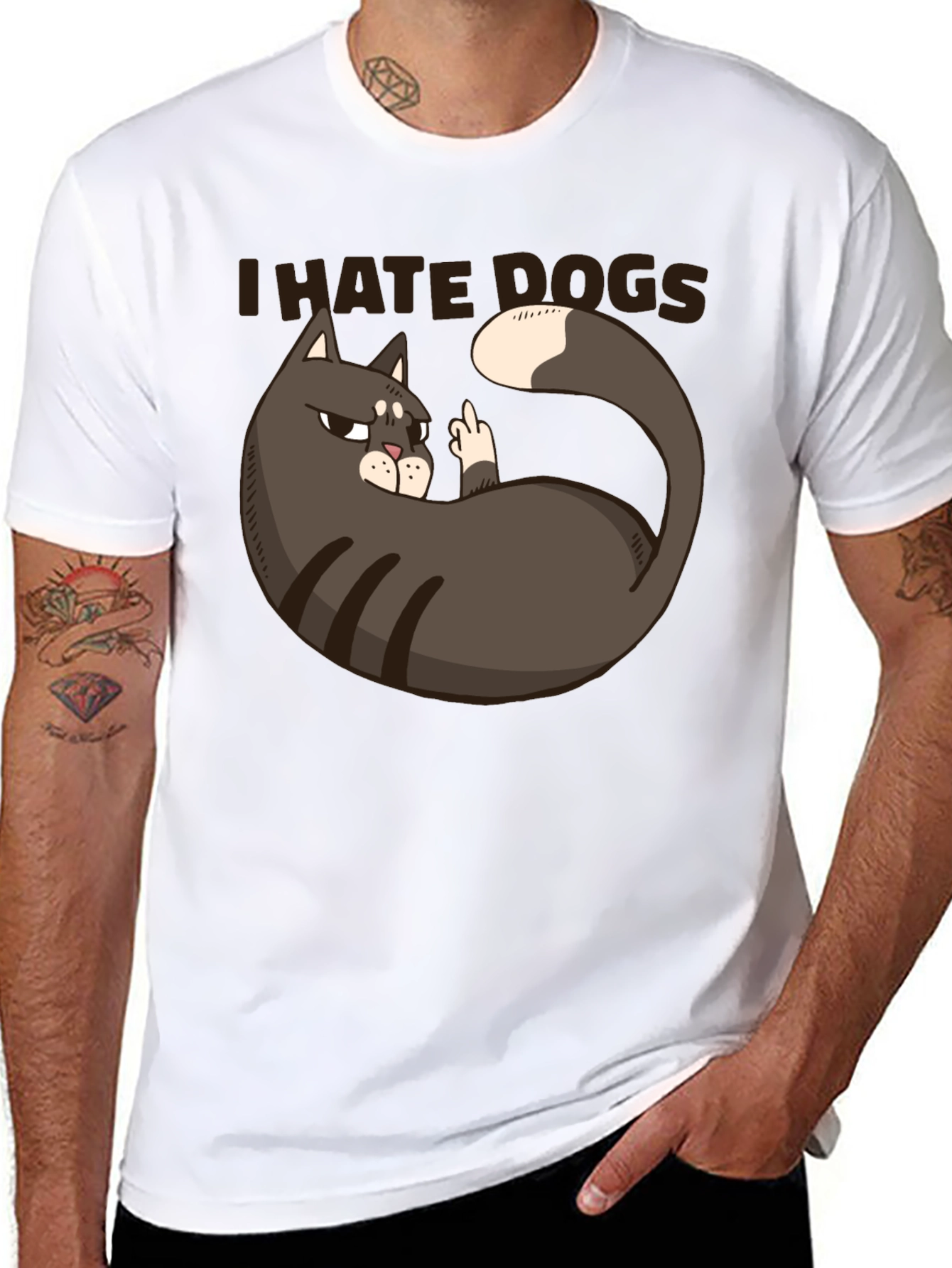 I Hate Dogs Cat Middle Finger Graphic T-Shirt
