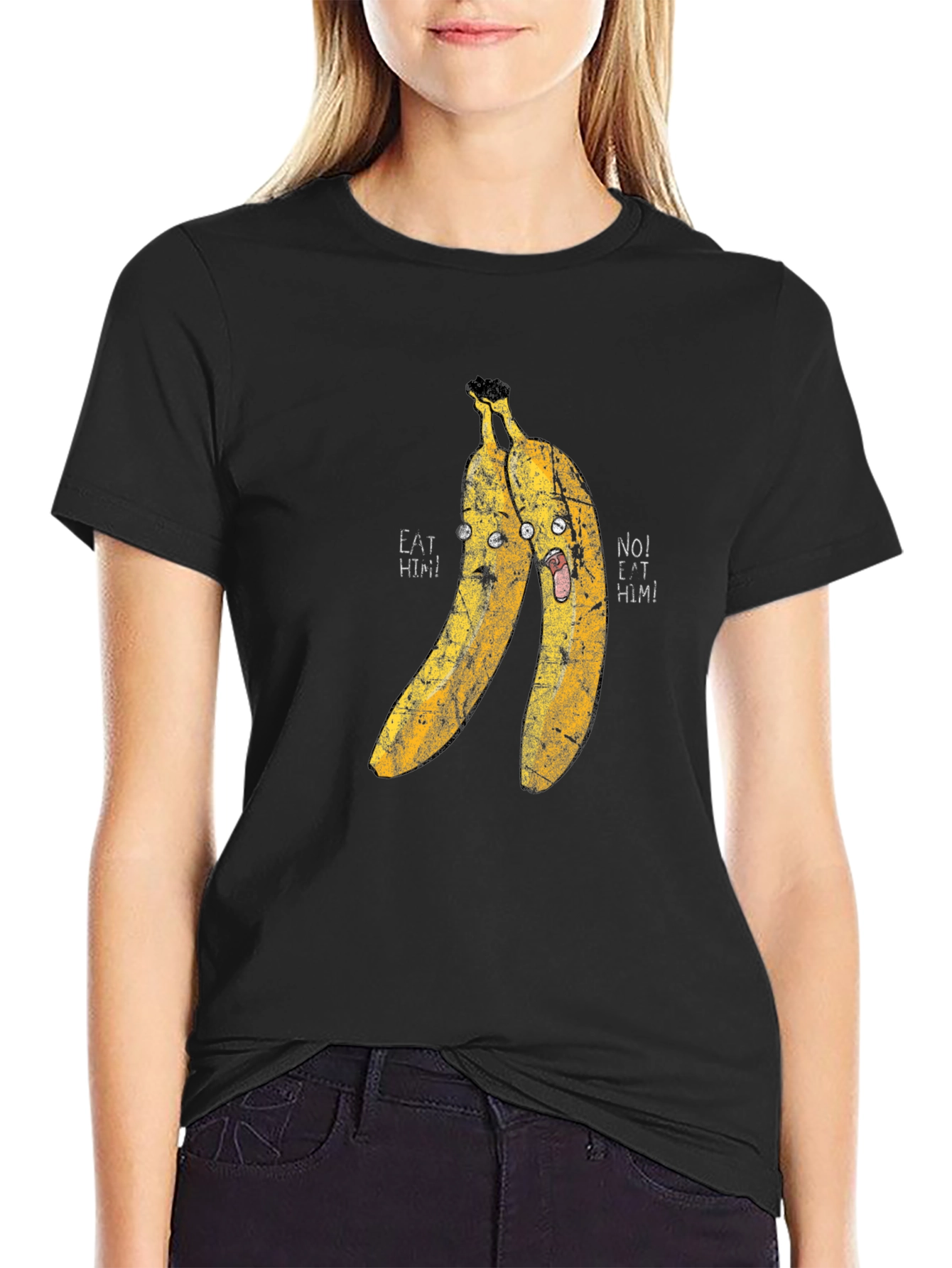 Eat Him! Banana Cartoon Graphic Print Black T-Shirt