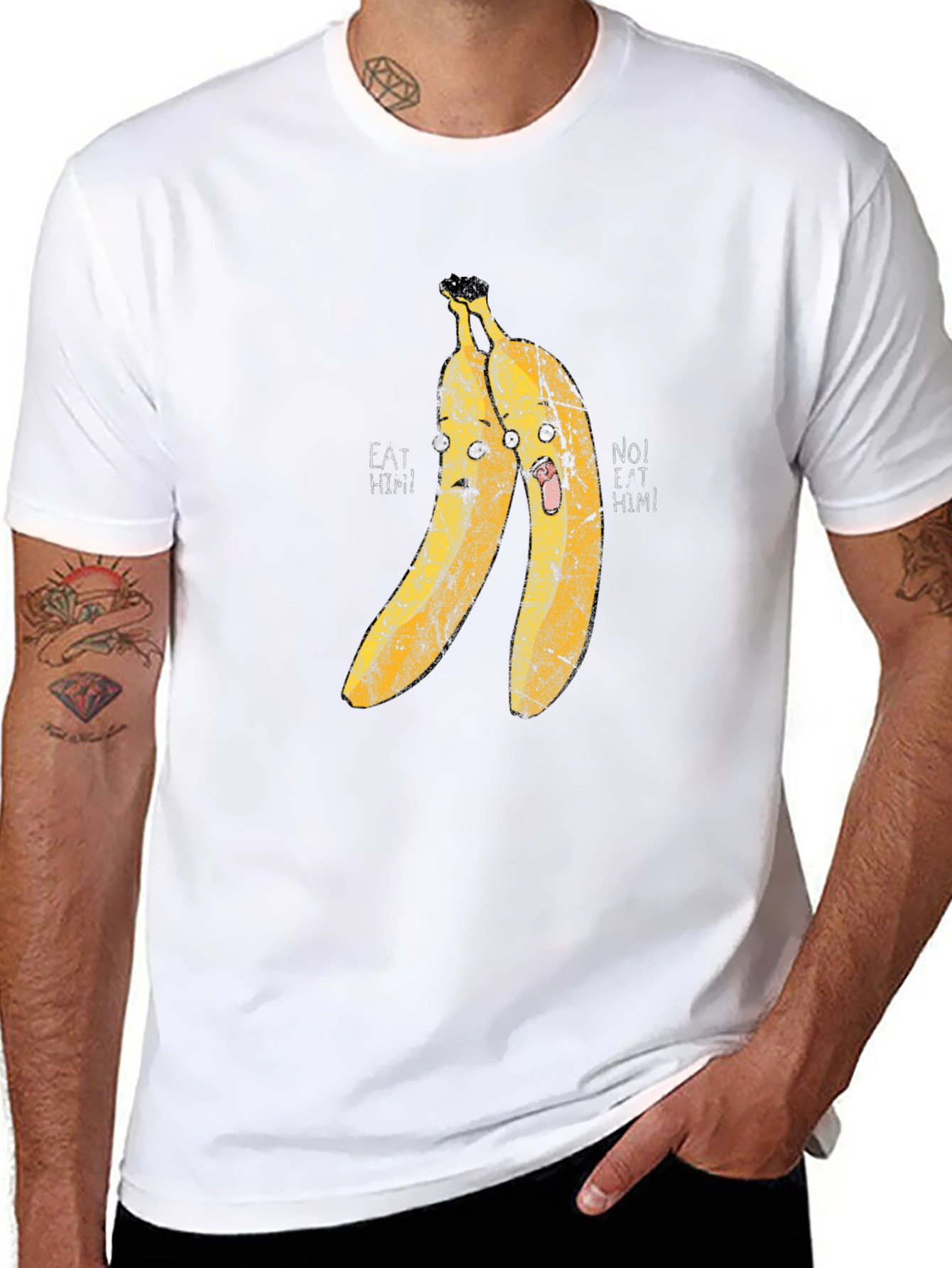 Eat Him! Banana Cartoon Graphic Print Black T-Shirt