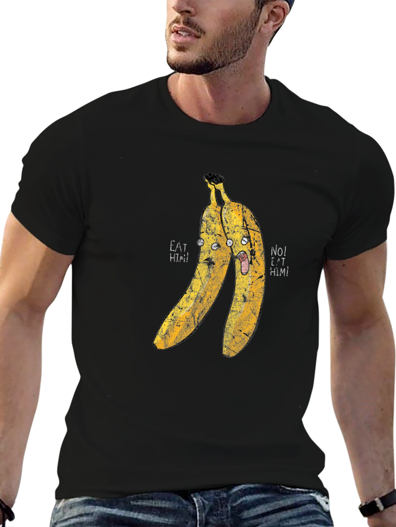 Eat Him! Banana Cartoon Graphic Print Black T-Shirt