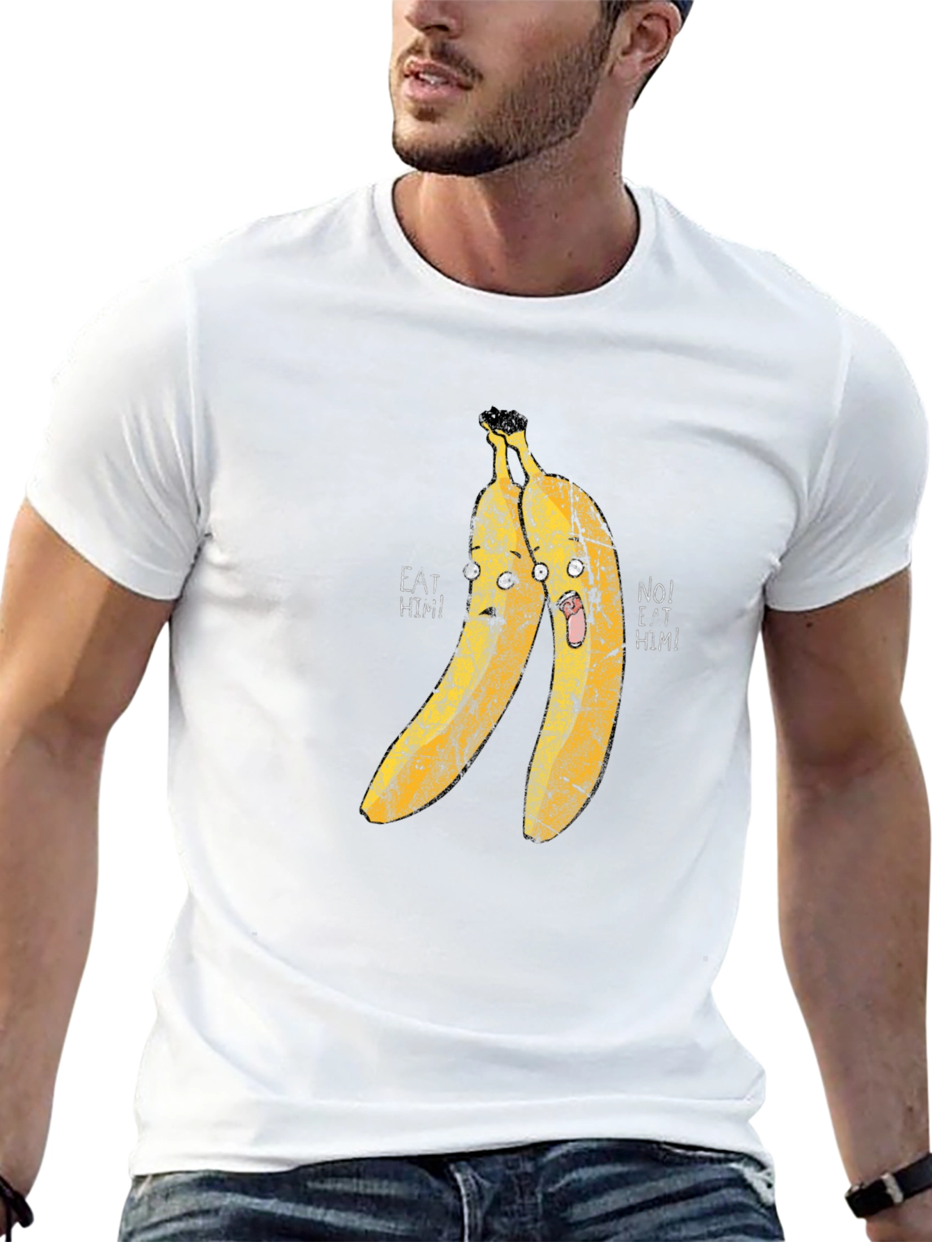 Eat Him! Banana Cartoon Graphic Print Black T-Shirt