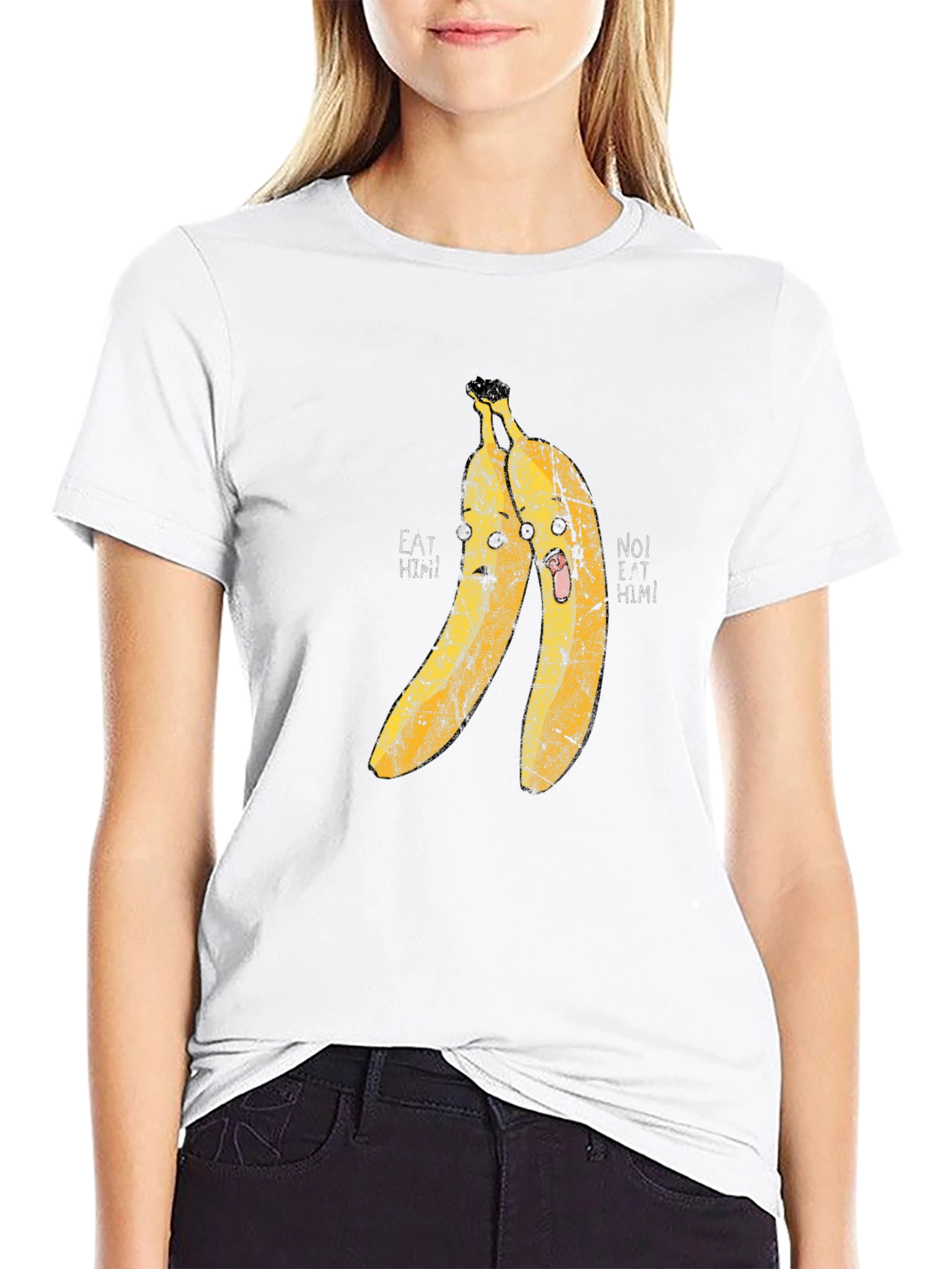 Eat Him! Banana Cartoon Graphic Print Black T-Shirt