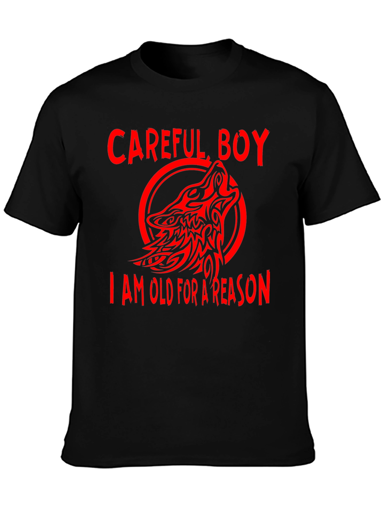 Careful Boy Wolf Design Black T-Shirt