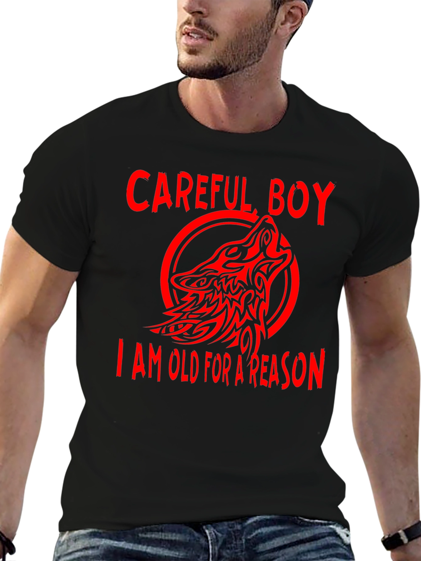 Careful Boy Wolf Design Black T-Shirt