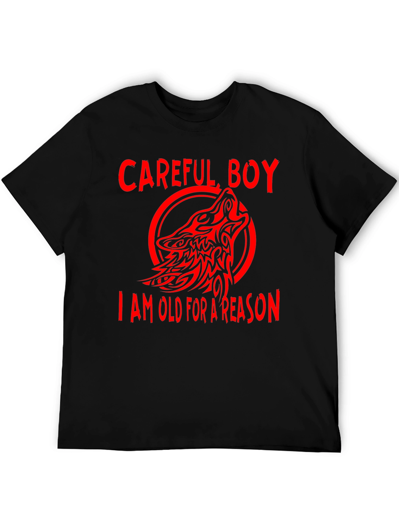 Careful Boy Wolf Design Black T-Shirt