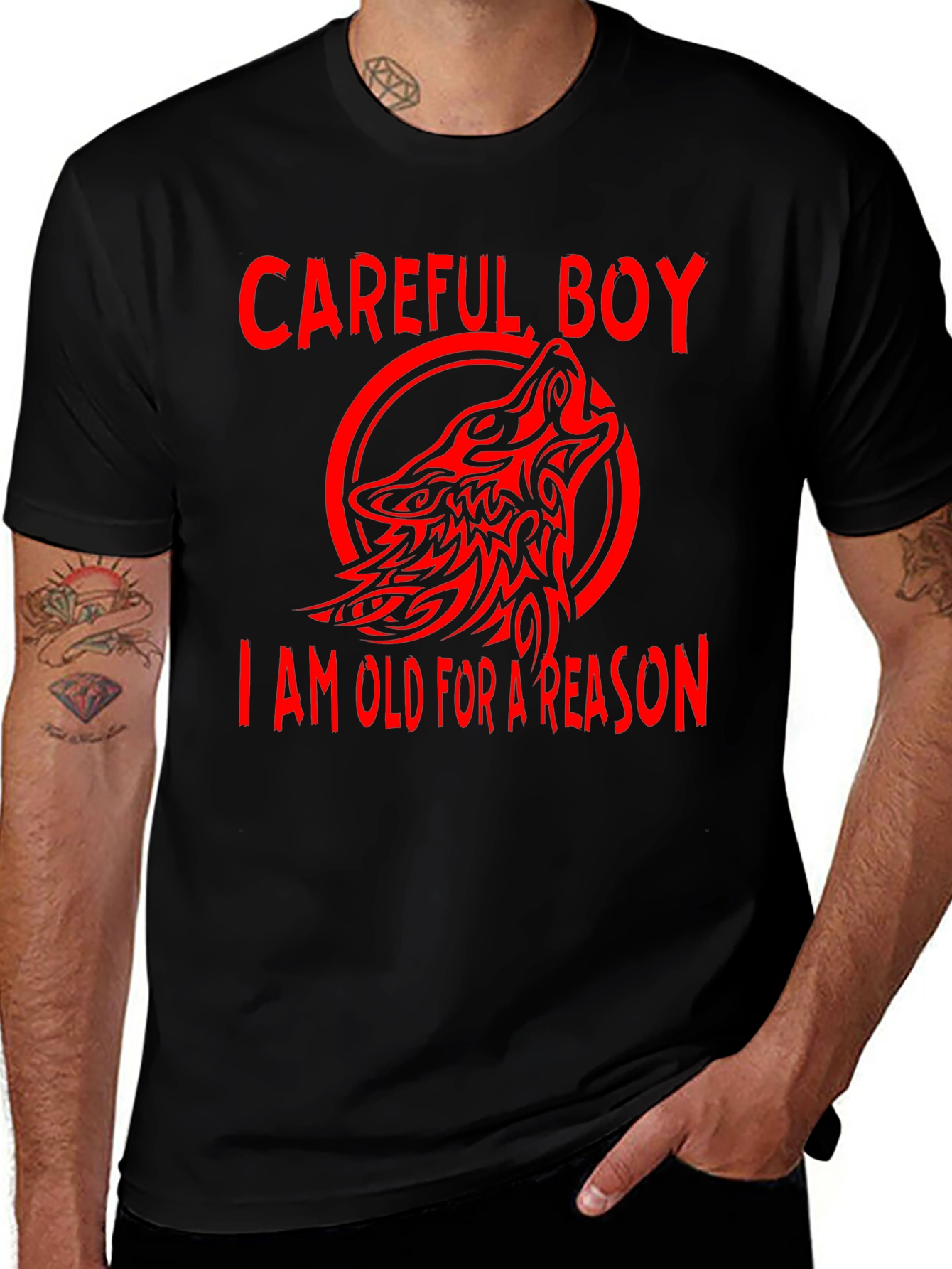Careful Boy Wolf Design Black T-Shirt