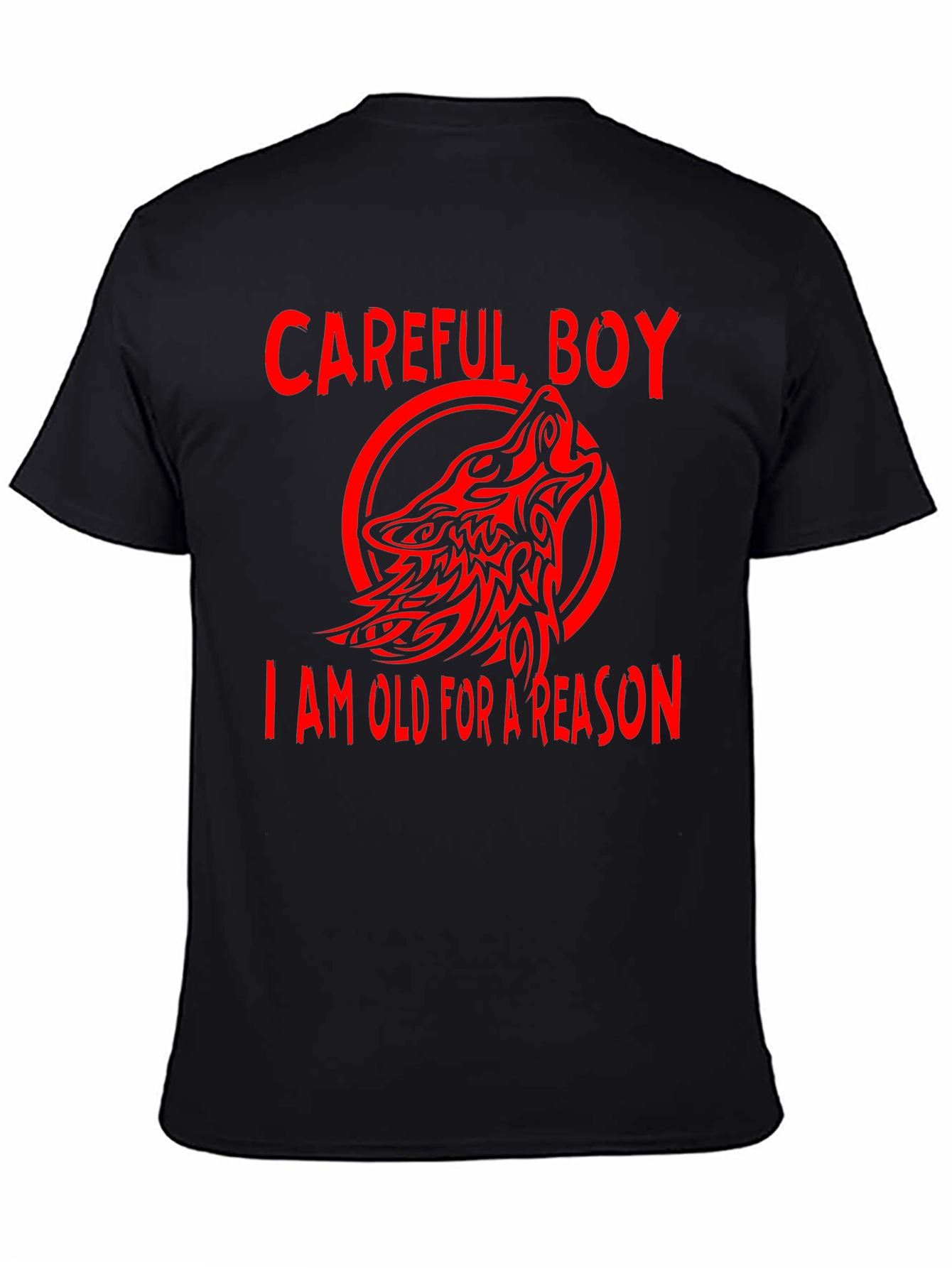 Careful Boy Wolf Design Black T-Shirt