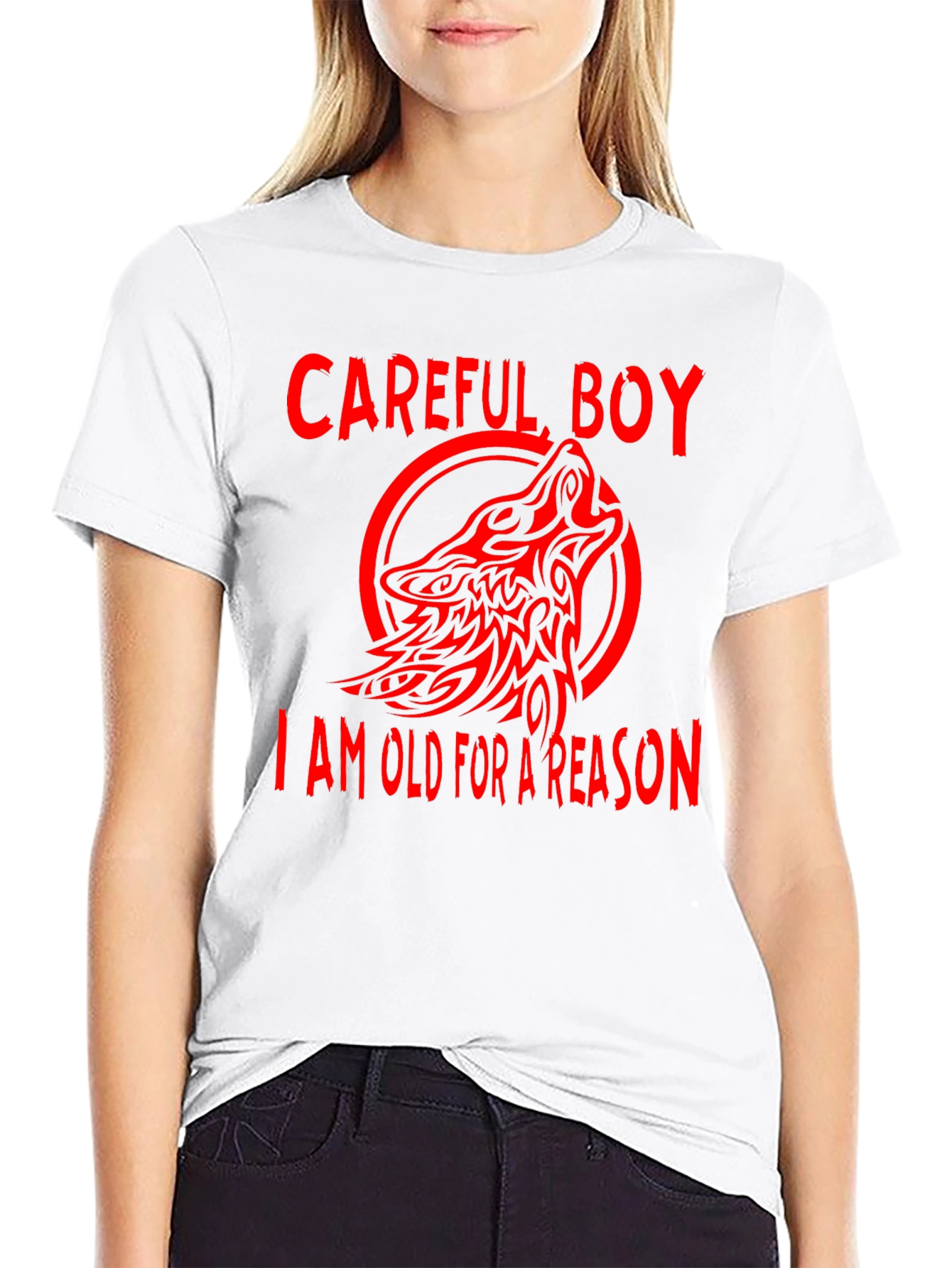 Careful Boy Wolf Design Black T-Shirt