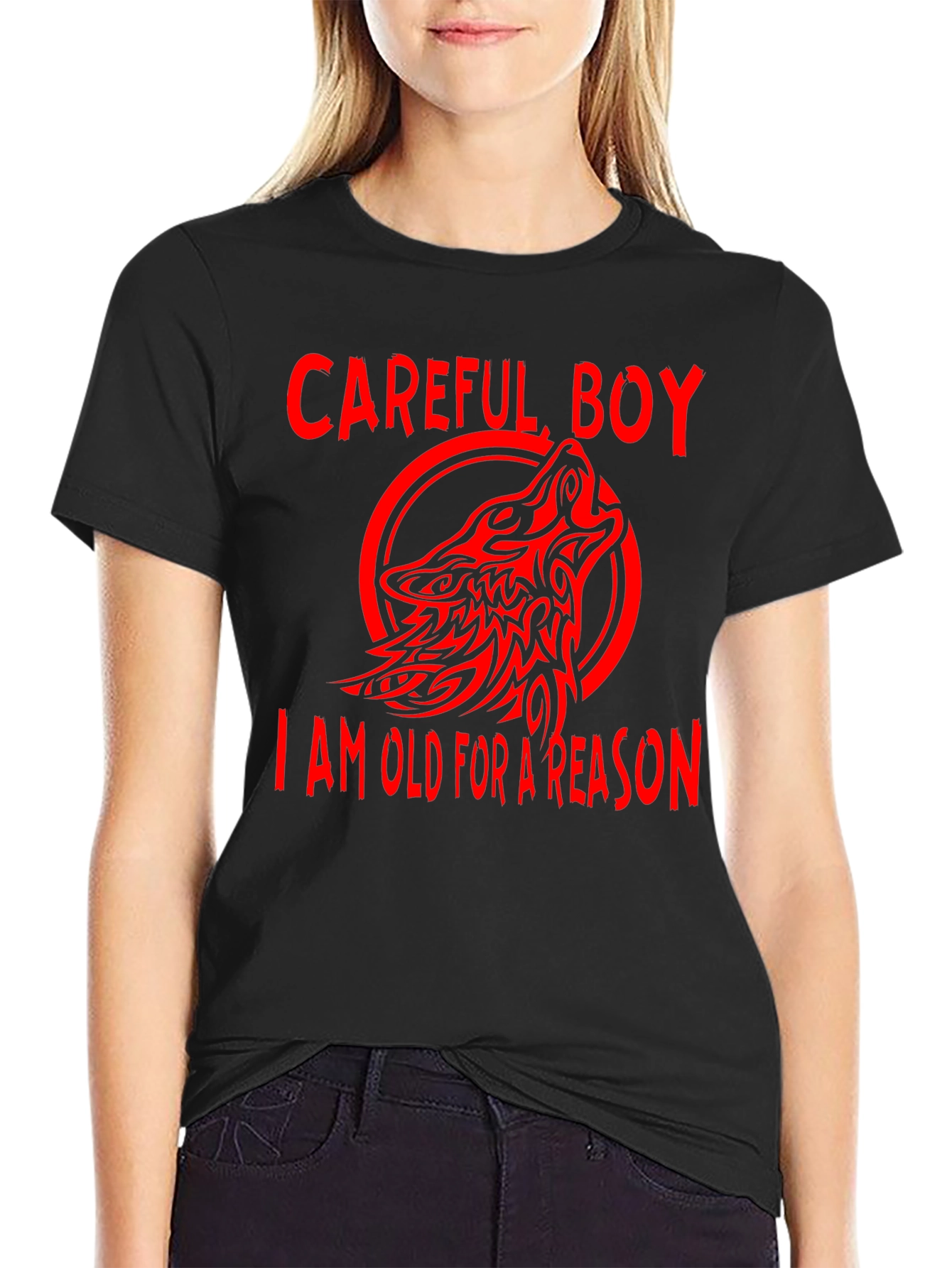 Careful Boy Wolf Design Black T-Shirt