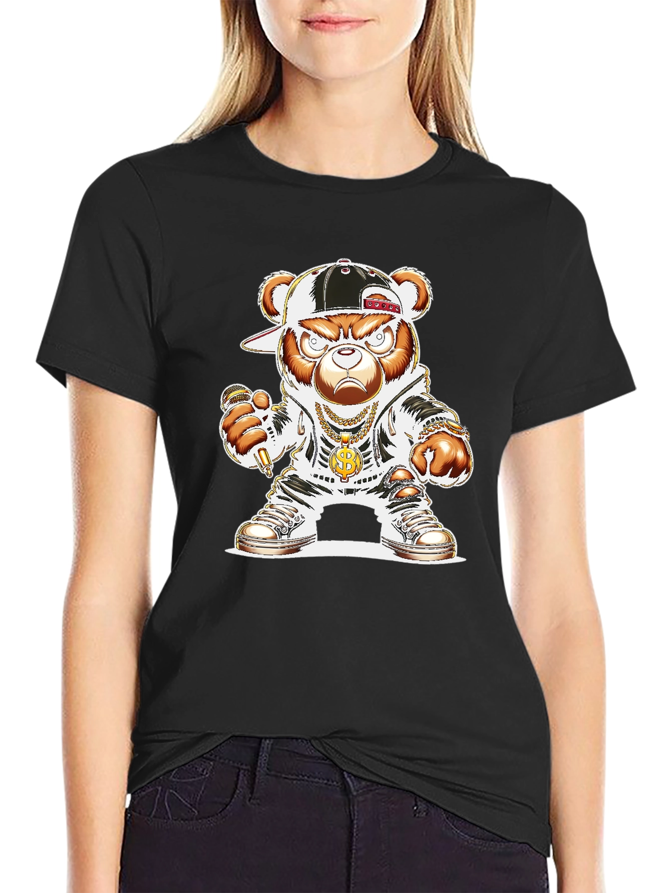 Hip Hop Bear Graphic Tee - Black T-Shirt
