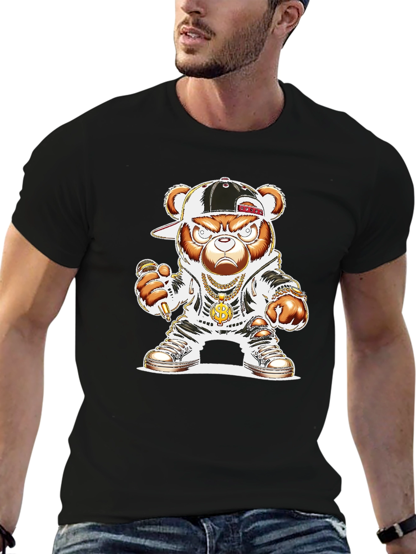 Hip Hop Bear Graphic Tee - Black T-Shirt