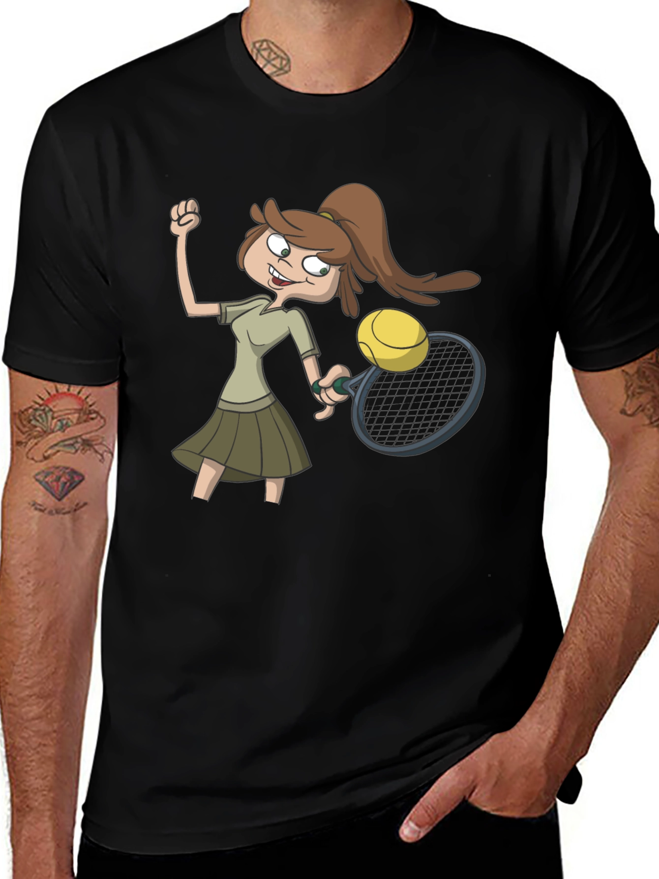 Tennis Girl Cartoon Black T-Shirt
