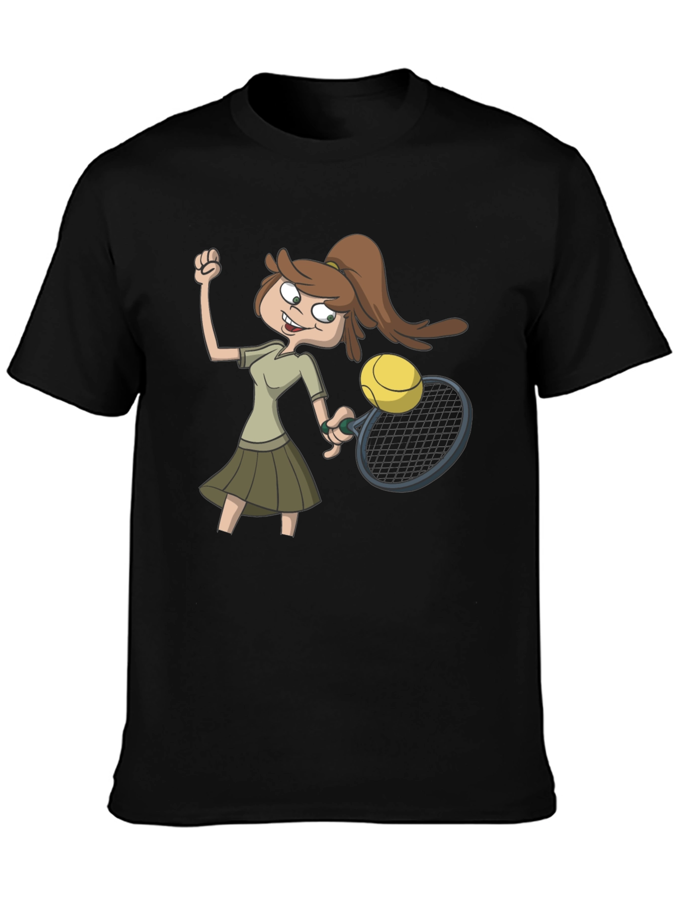 Tennis Girl Cartoon Black T-Shirt