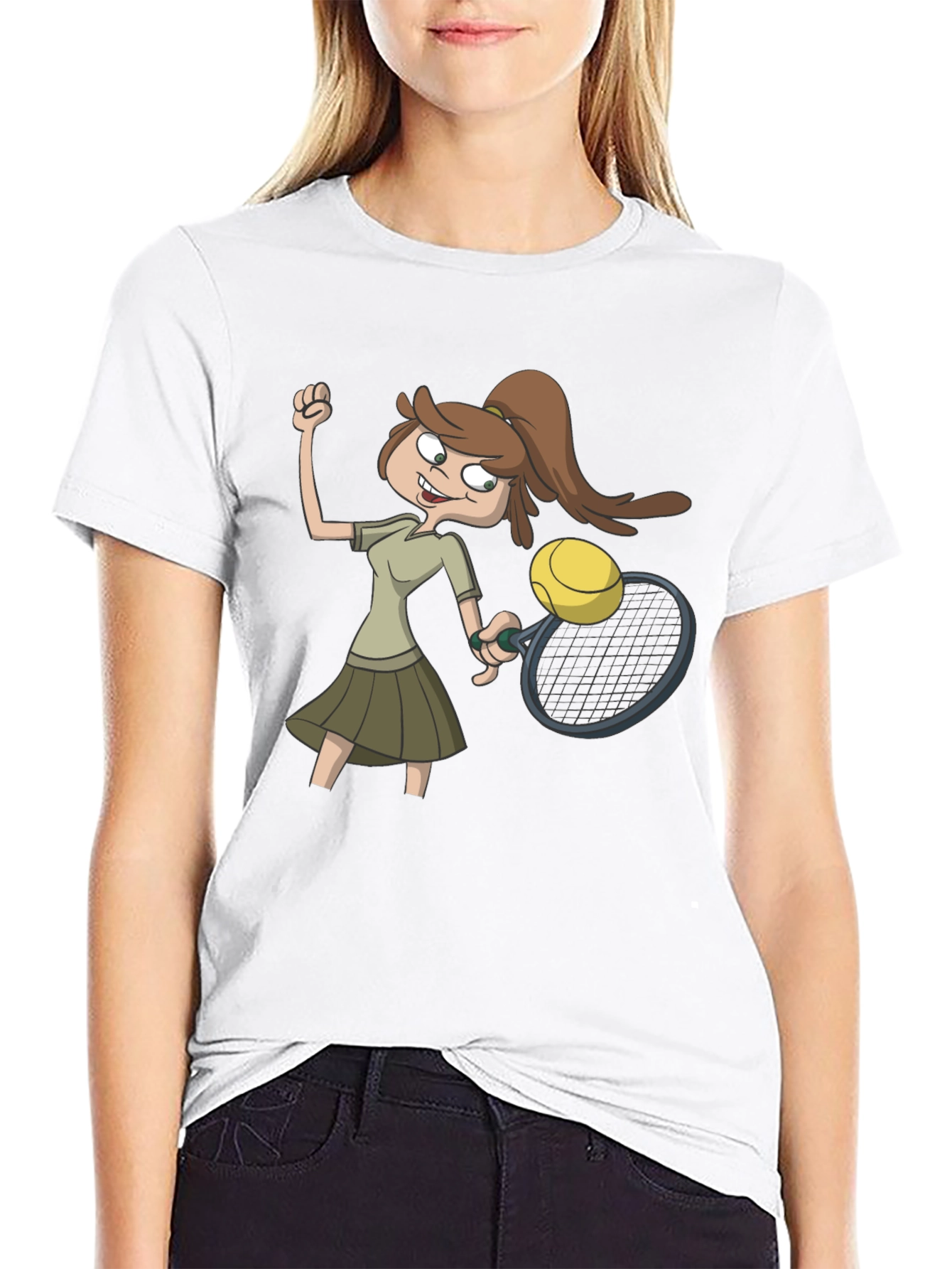 Tennis Girl Cartoon Black T-Shirt