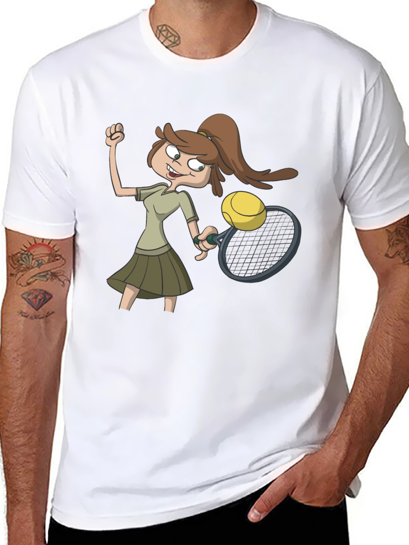 Tennis Girl Cartoon Black T-Shirt