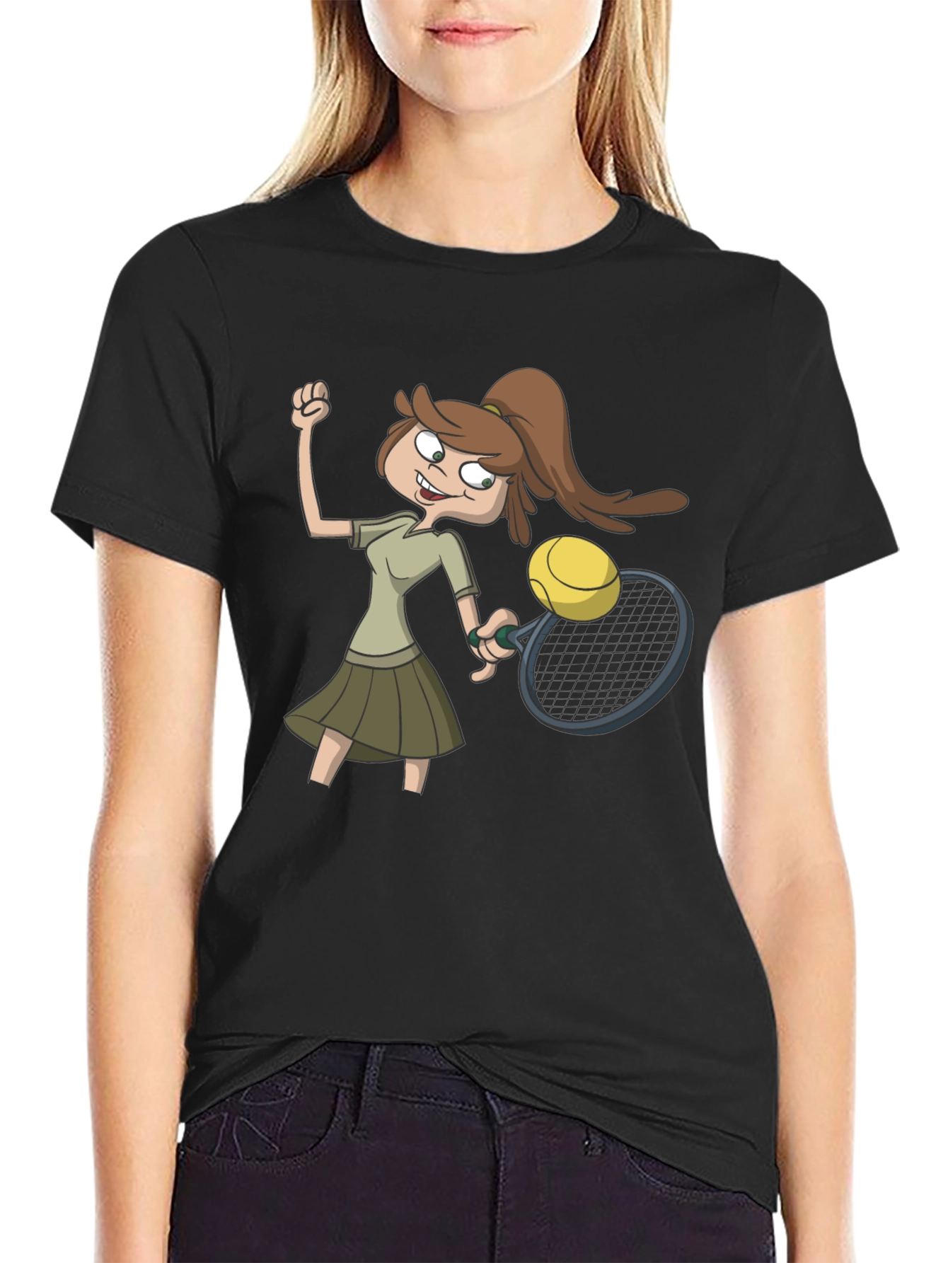 Tennis Girl Cartoon Black T-Shirt