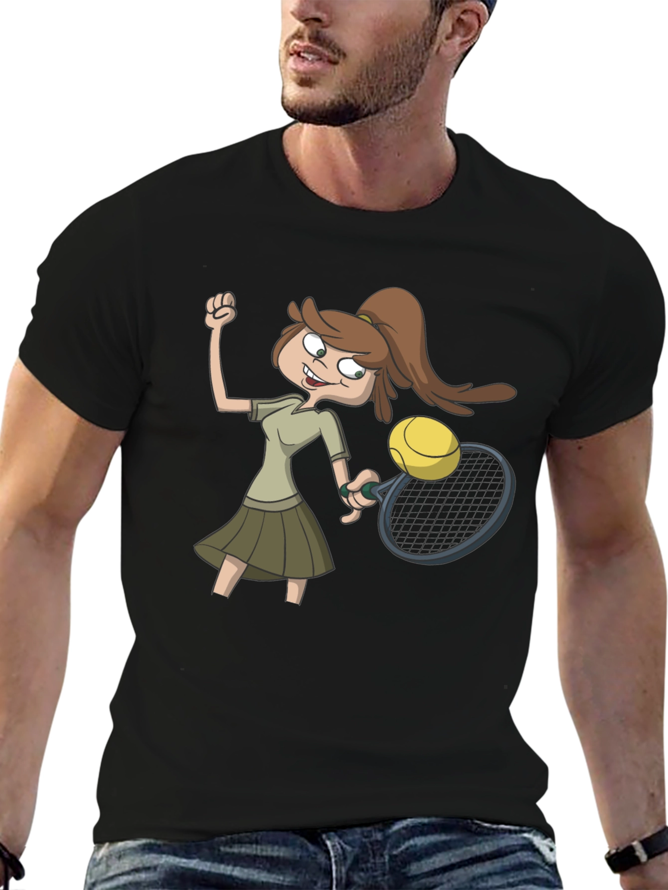 Tennis Girl Cartoon Black T-Shirt